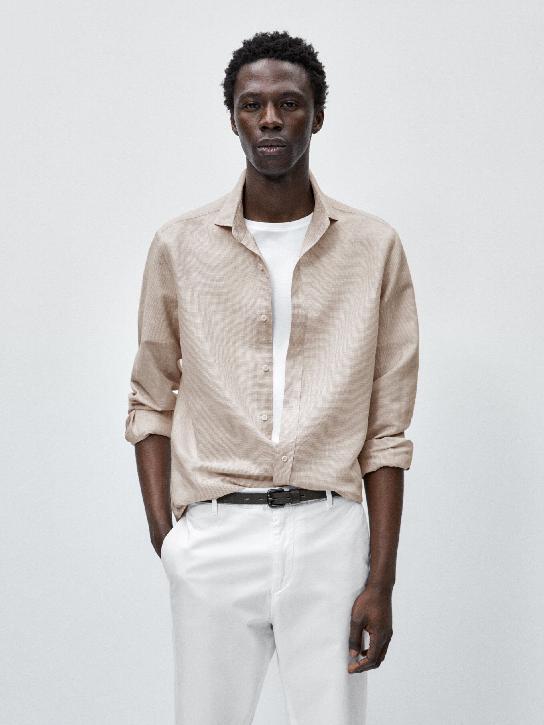 Camisa con lino pata de gallo slim fit - BEIGE