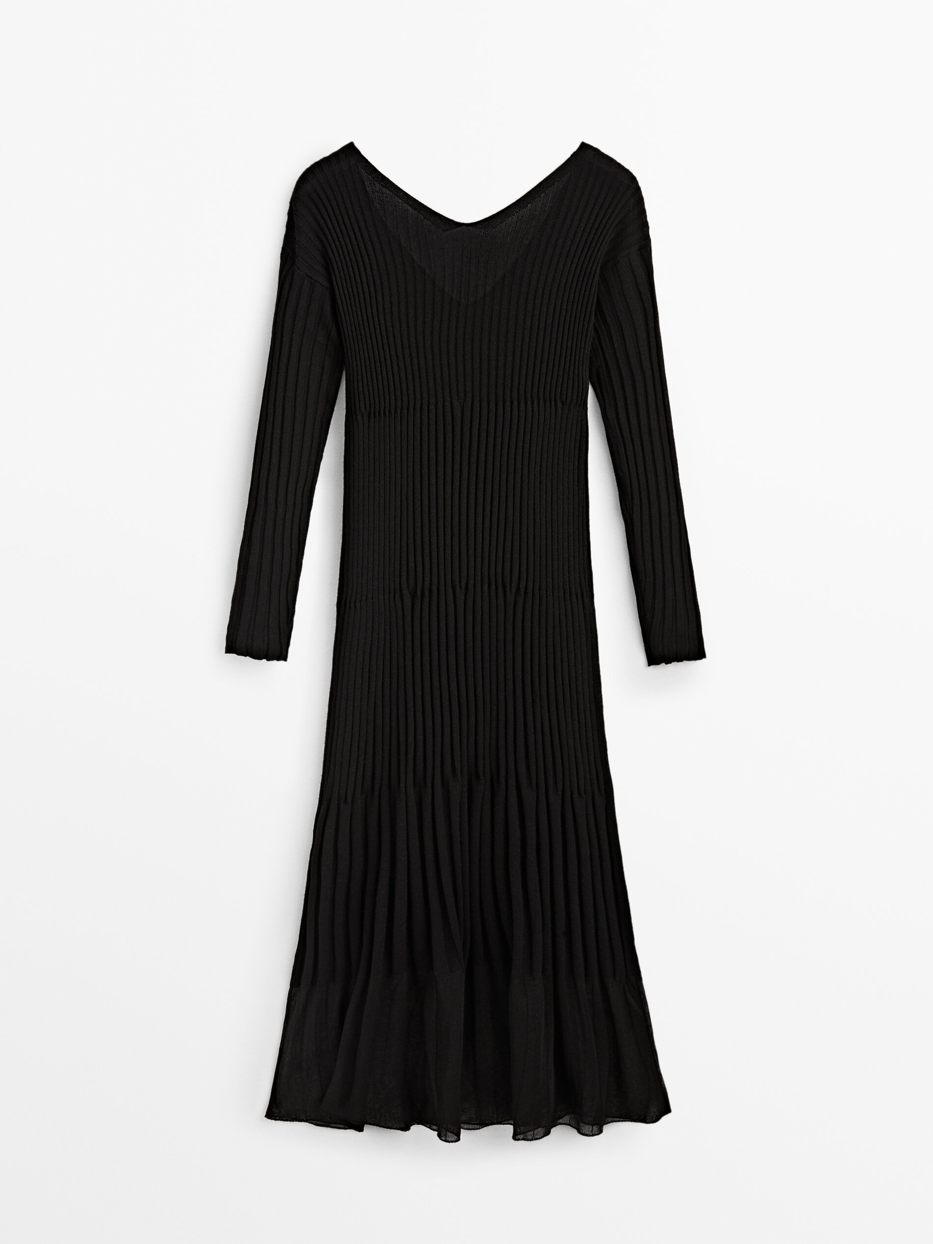 Vestido largo canalé negro cuello pico - NEGRO