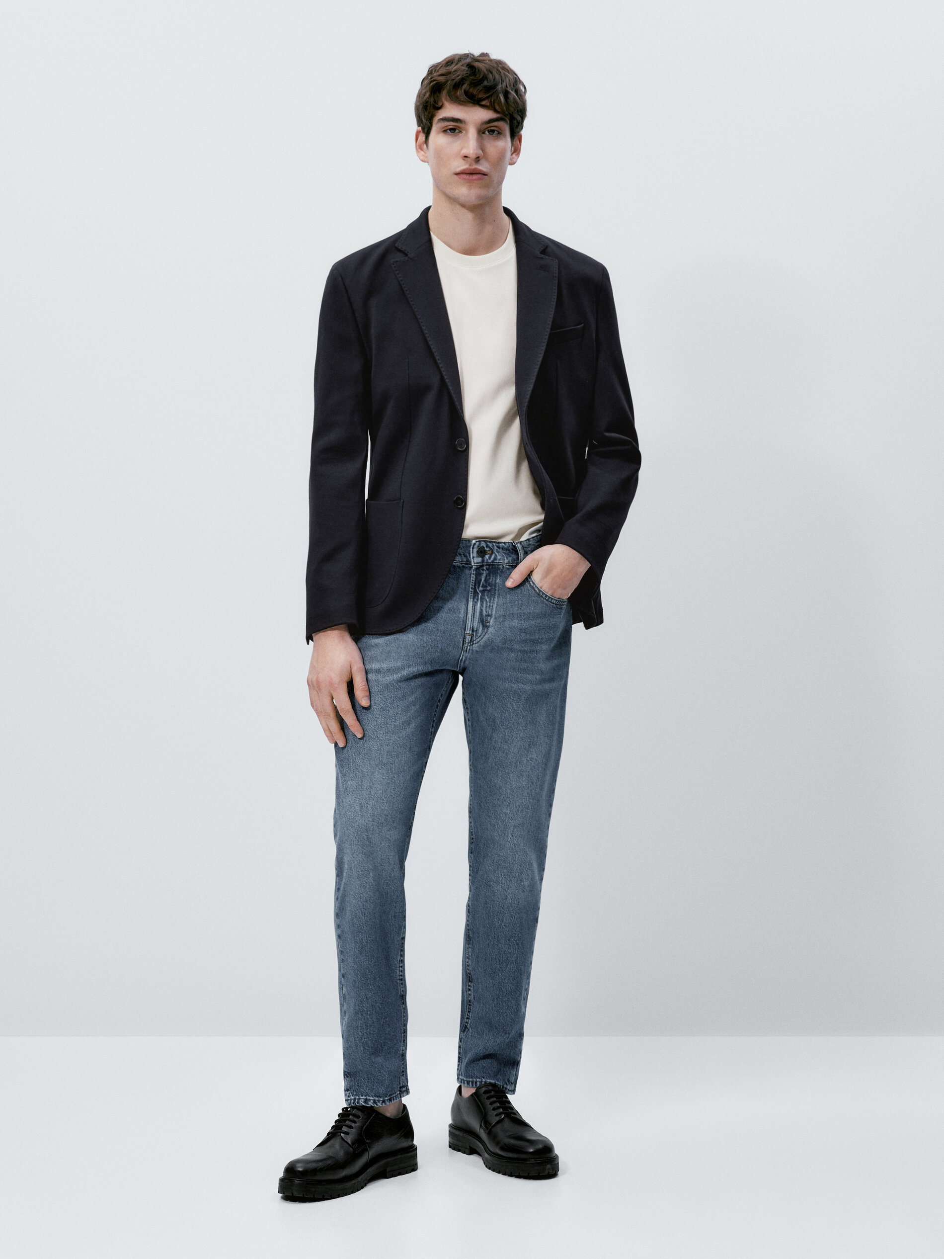 Pantalón vaquero mid stone wash tapered fit - INDIGO