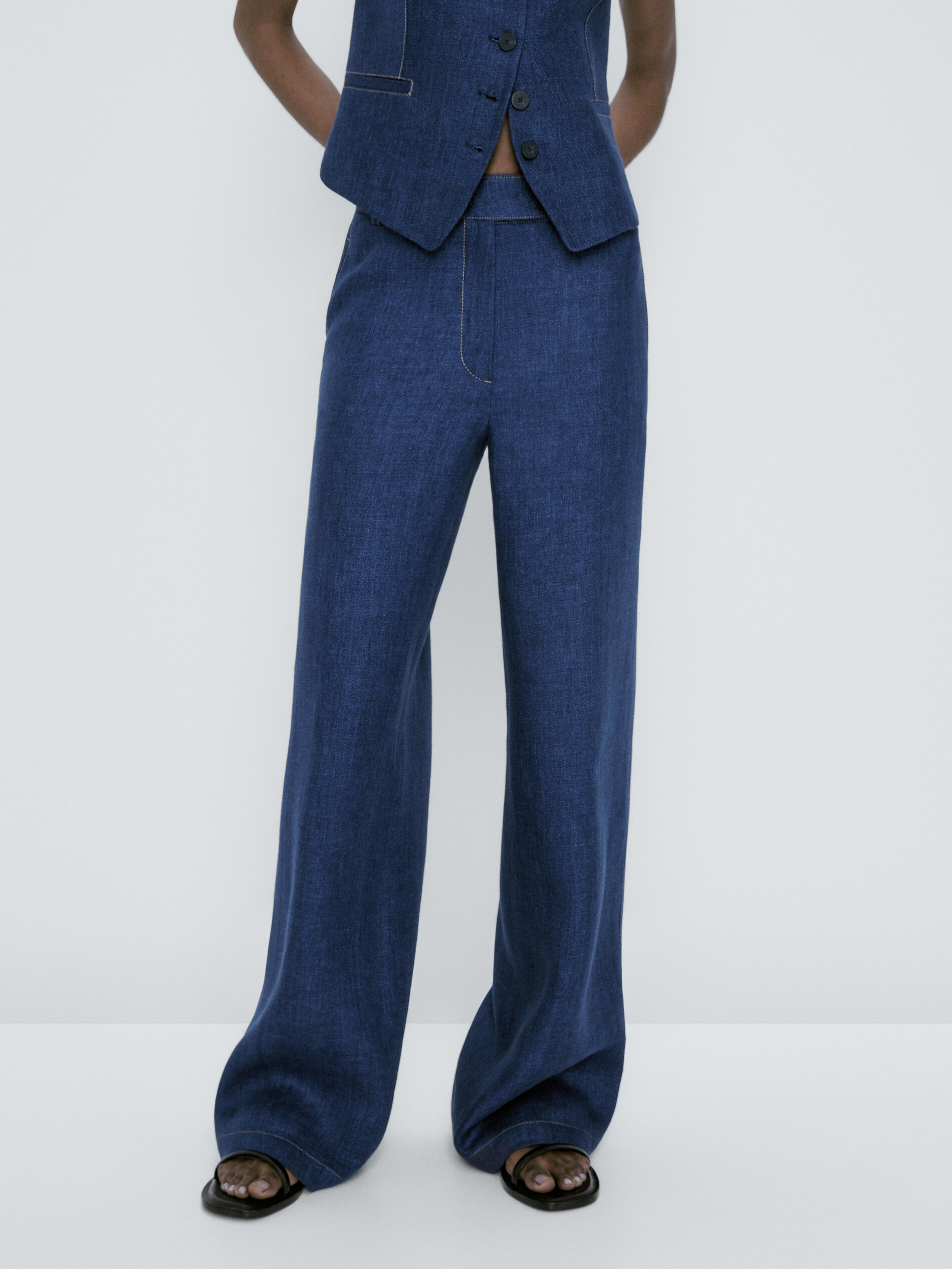 Pantalón traje ancho lino pespuntes - AZUL MARINO