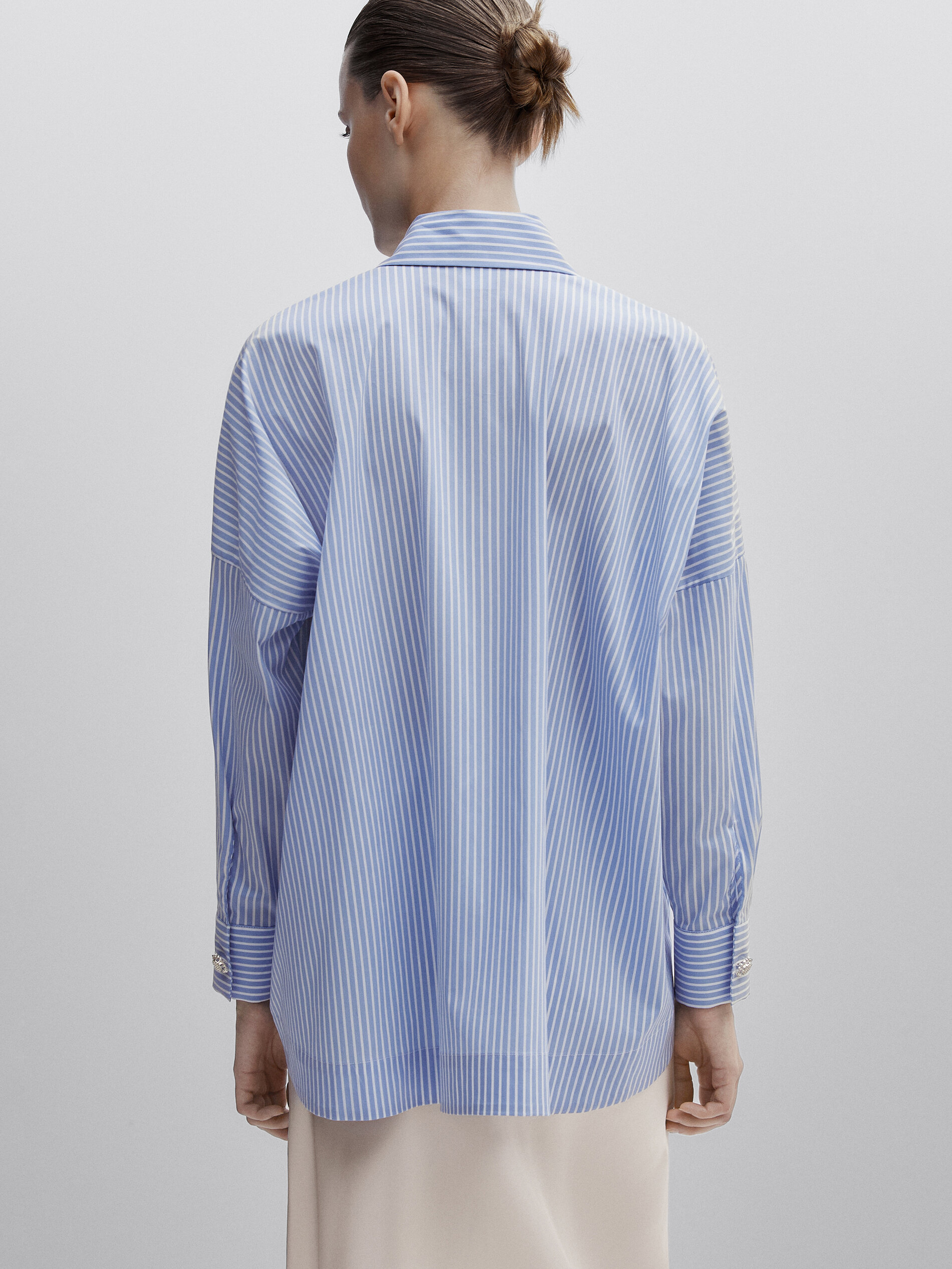 Camisa rayas popelín botón joya -Studio - AZUL