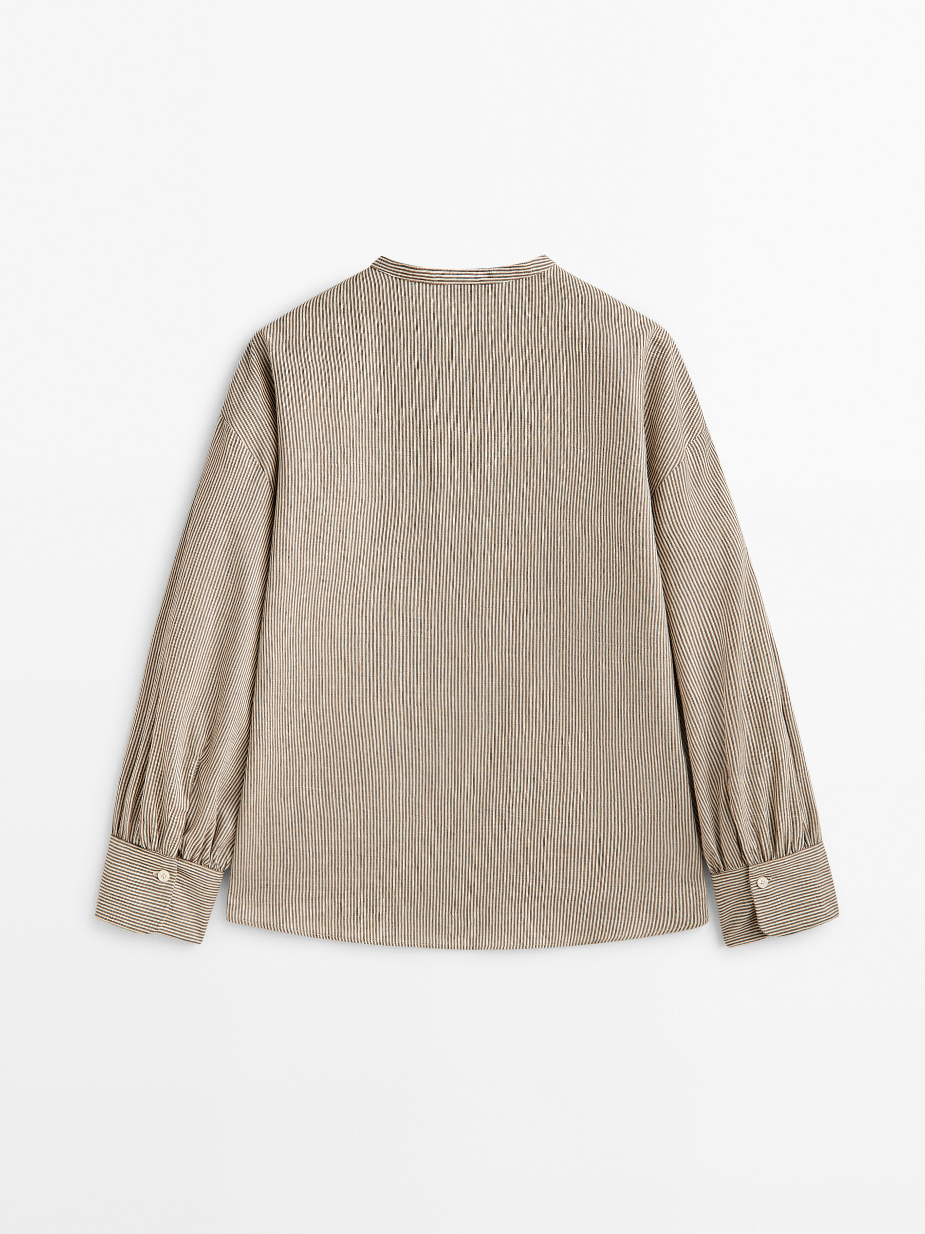 Camisa rayas manga volumen cuello mao - MARRÓN