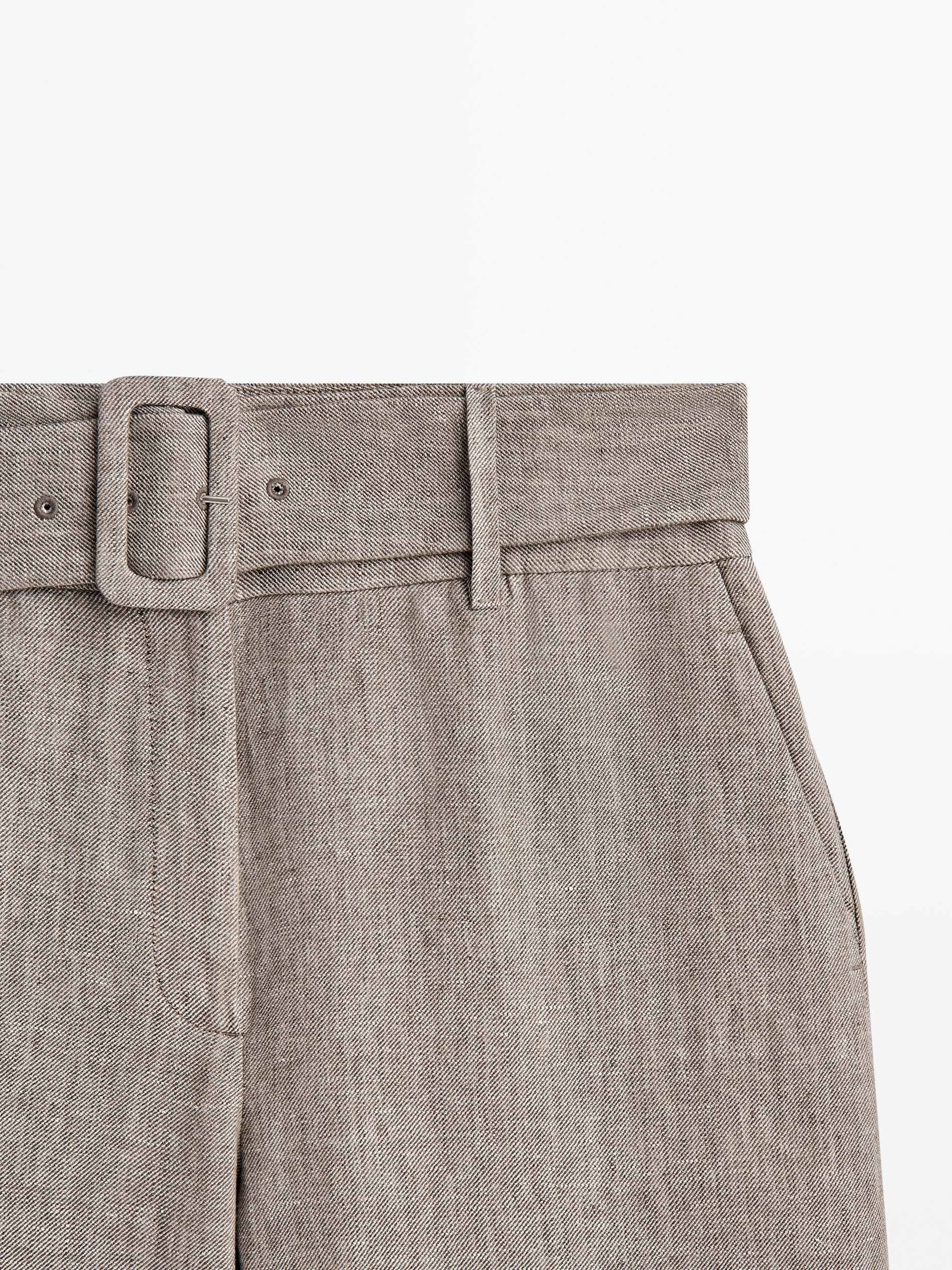 Pantalón lino cinturón - MARRÓN
