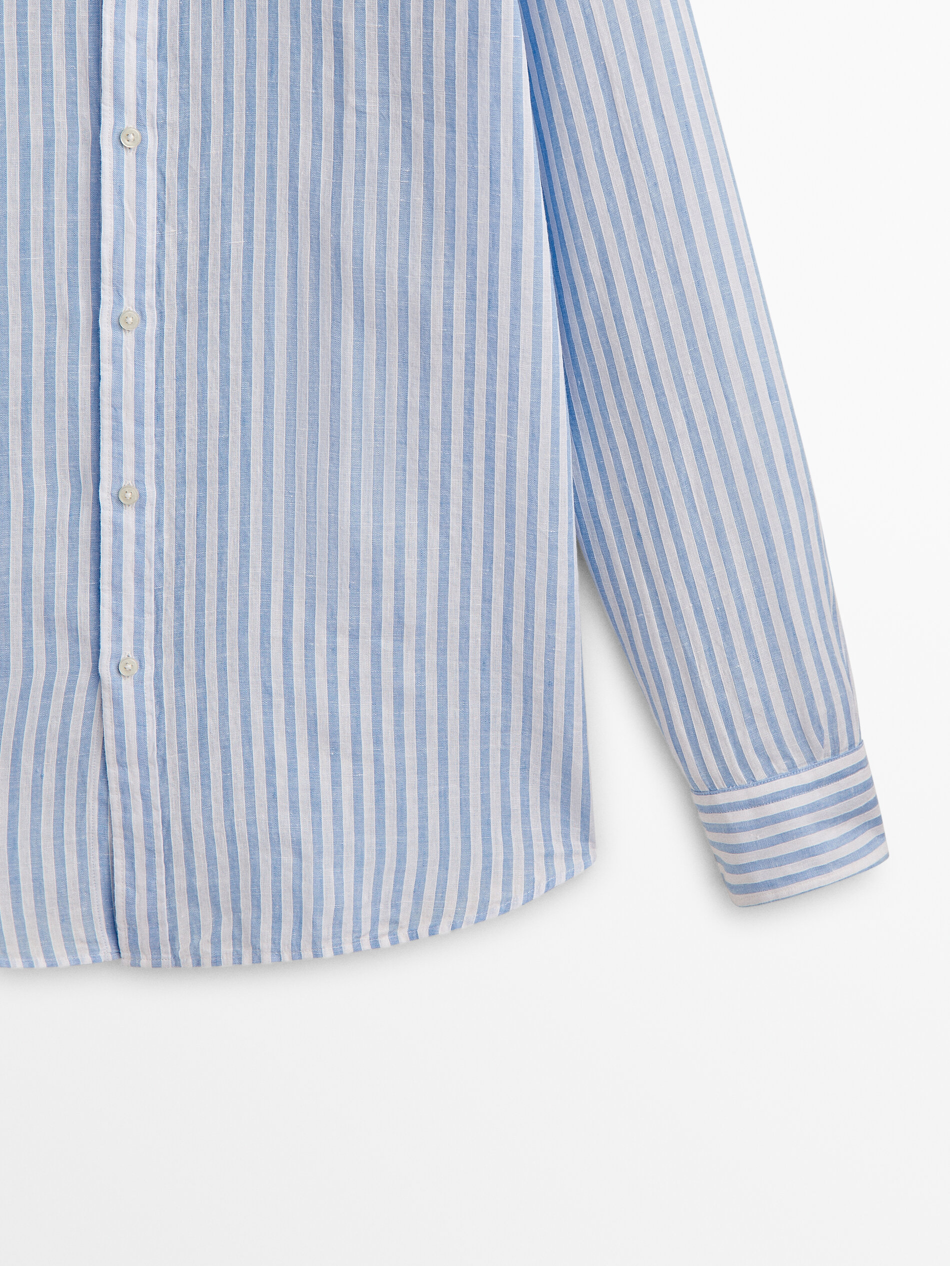 Camisa rayas mezcla lino algodón slim fit - CELESTE