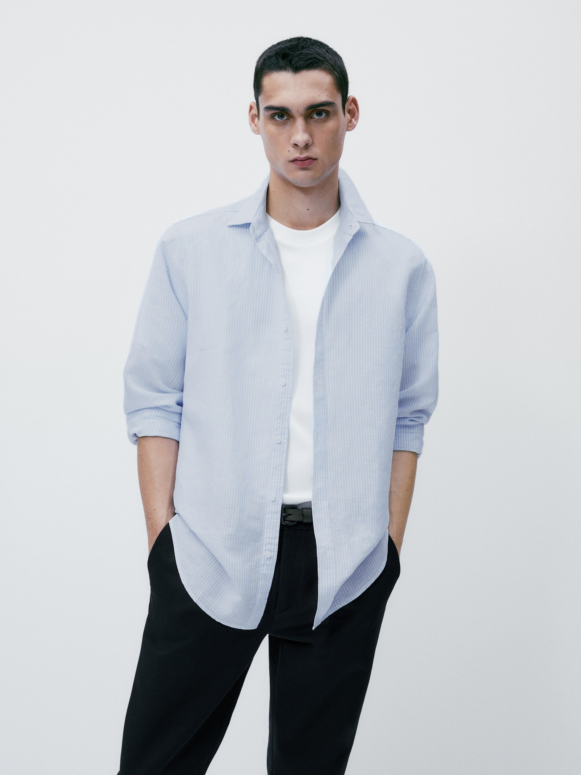 Camisa rayas con lino y algodón slim fit - Azul celeste