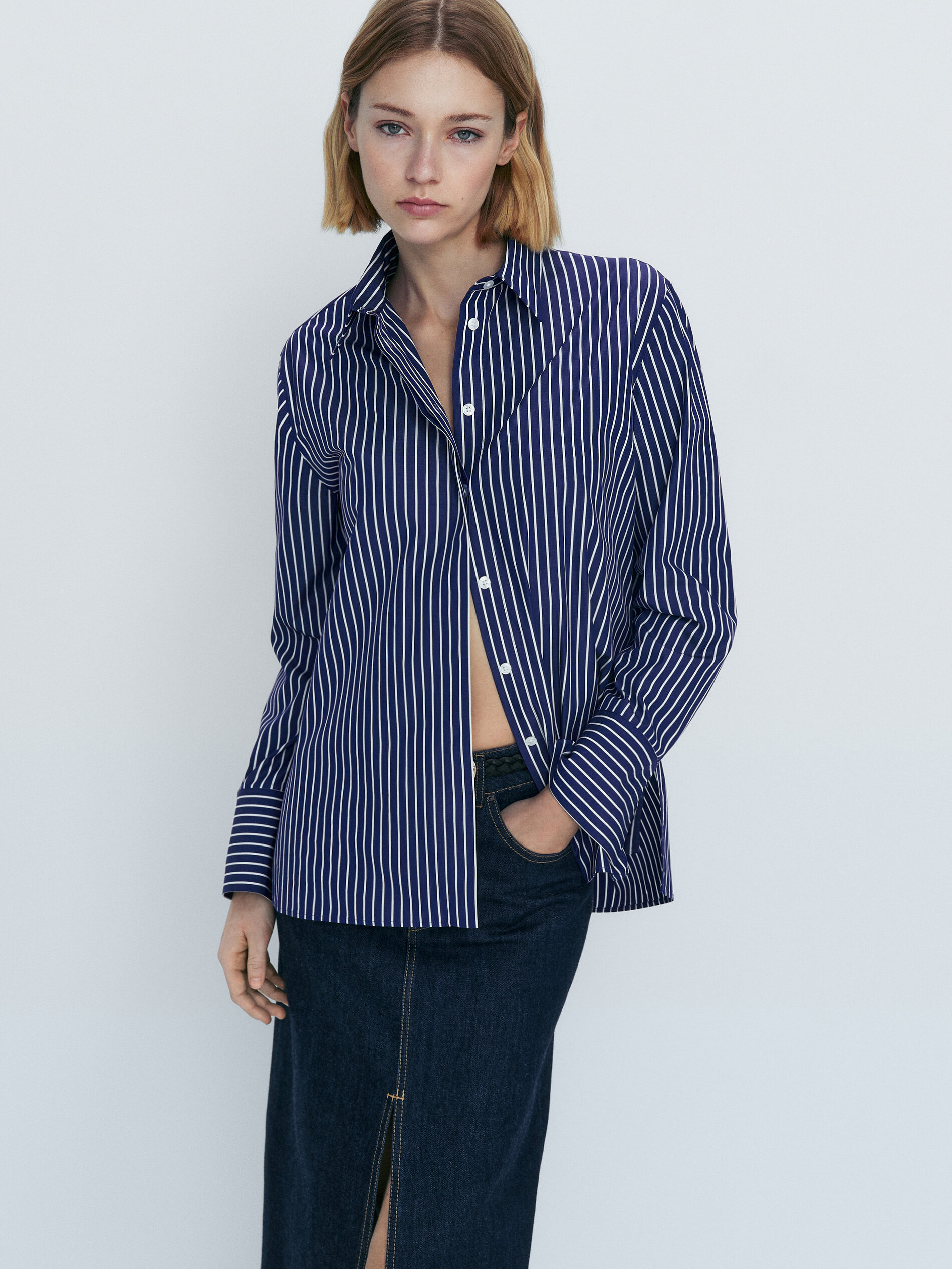 Camisa popelín algodón rayas - AZUL MARINO