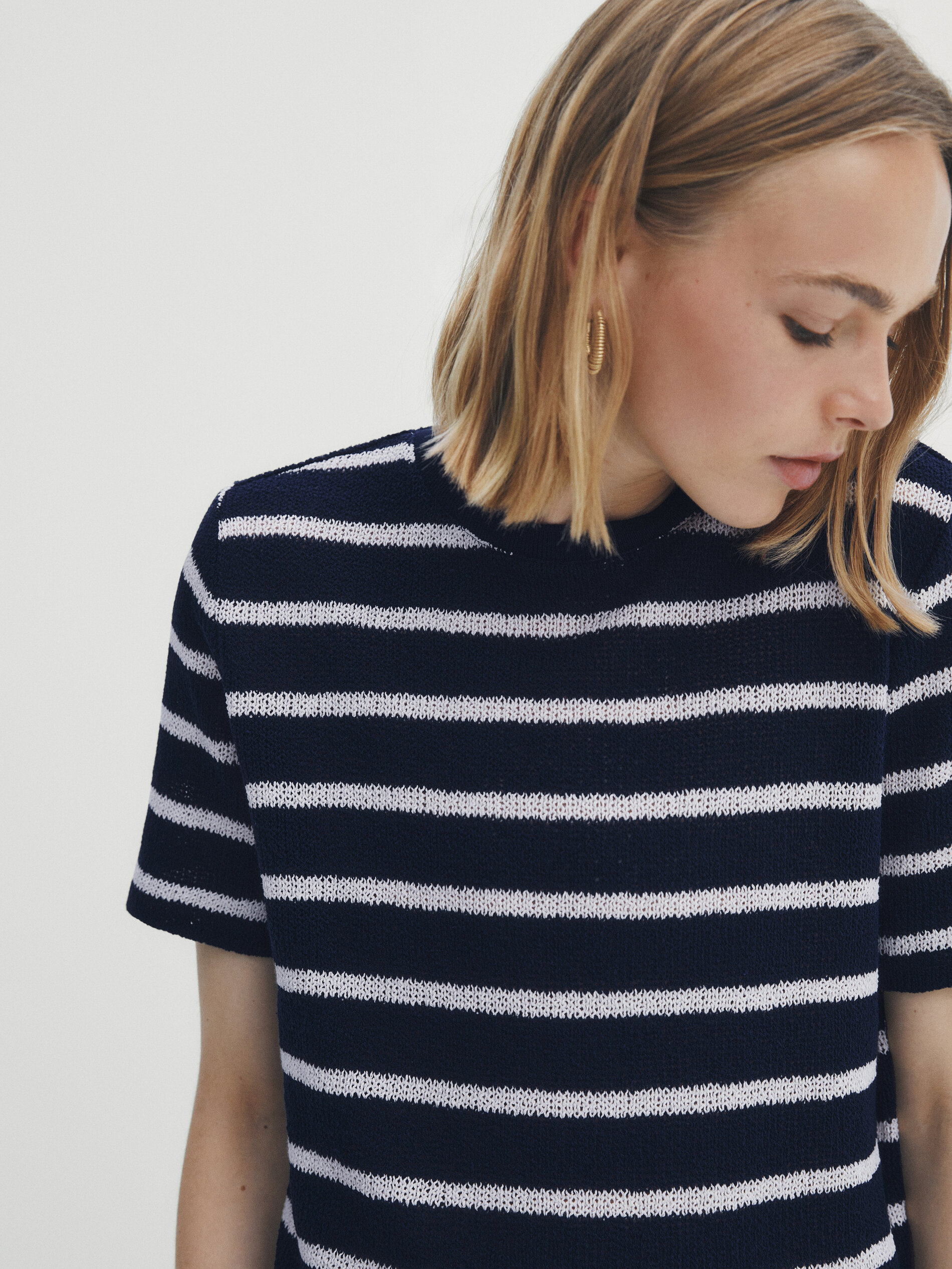 Camiseta rayas mezcla algodón estructura - AZUL MARINO