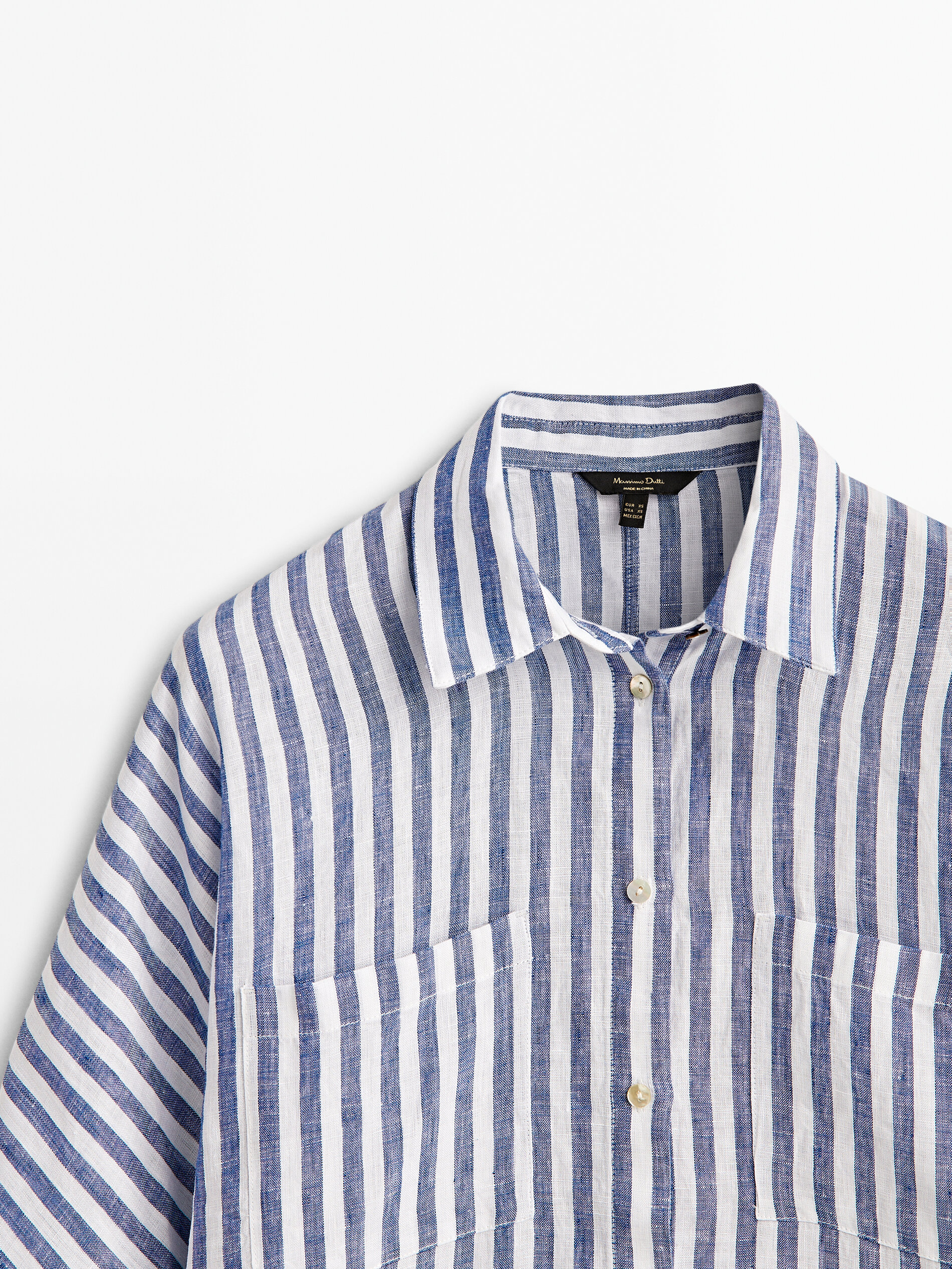 Camisa rayas 100% lino bolsillos - AZUL