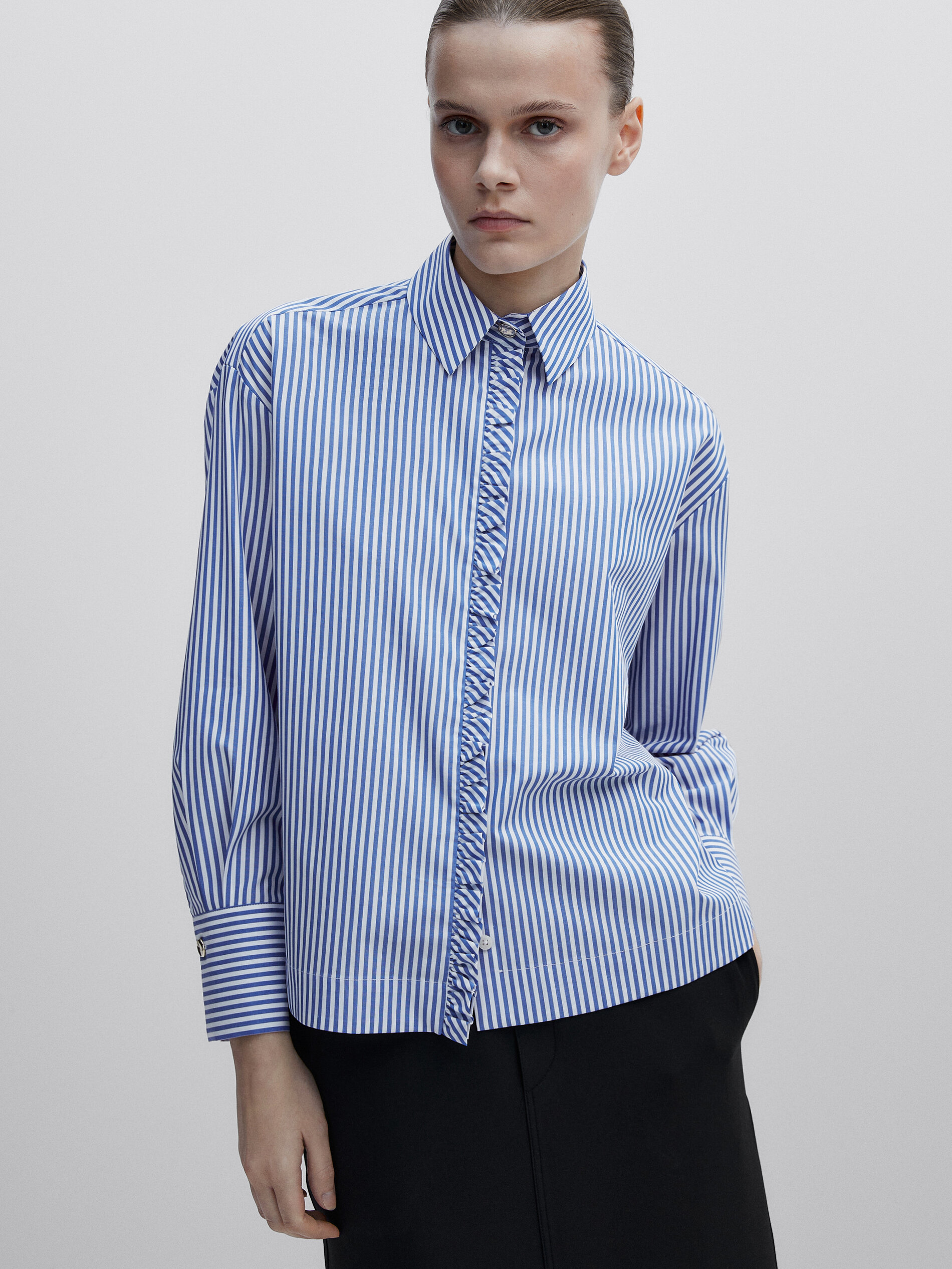 Camisa rayas popelín detalle volante -Studio - AZUL MARINO