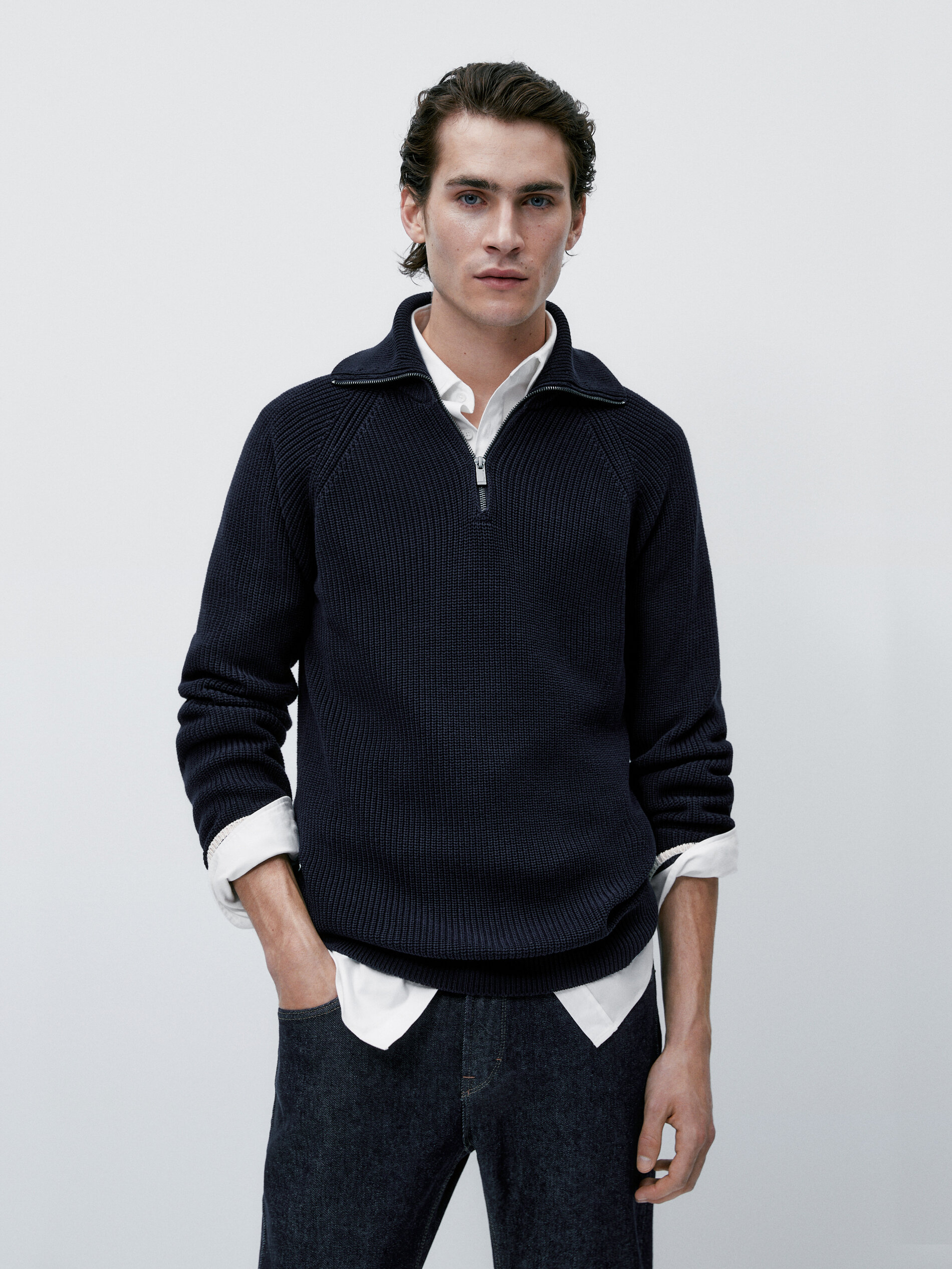 Jersey de punto cuello mock cremallera - AZUL MARINO