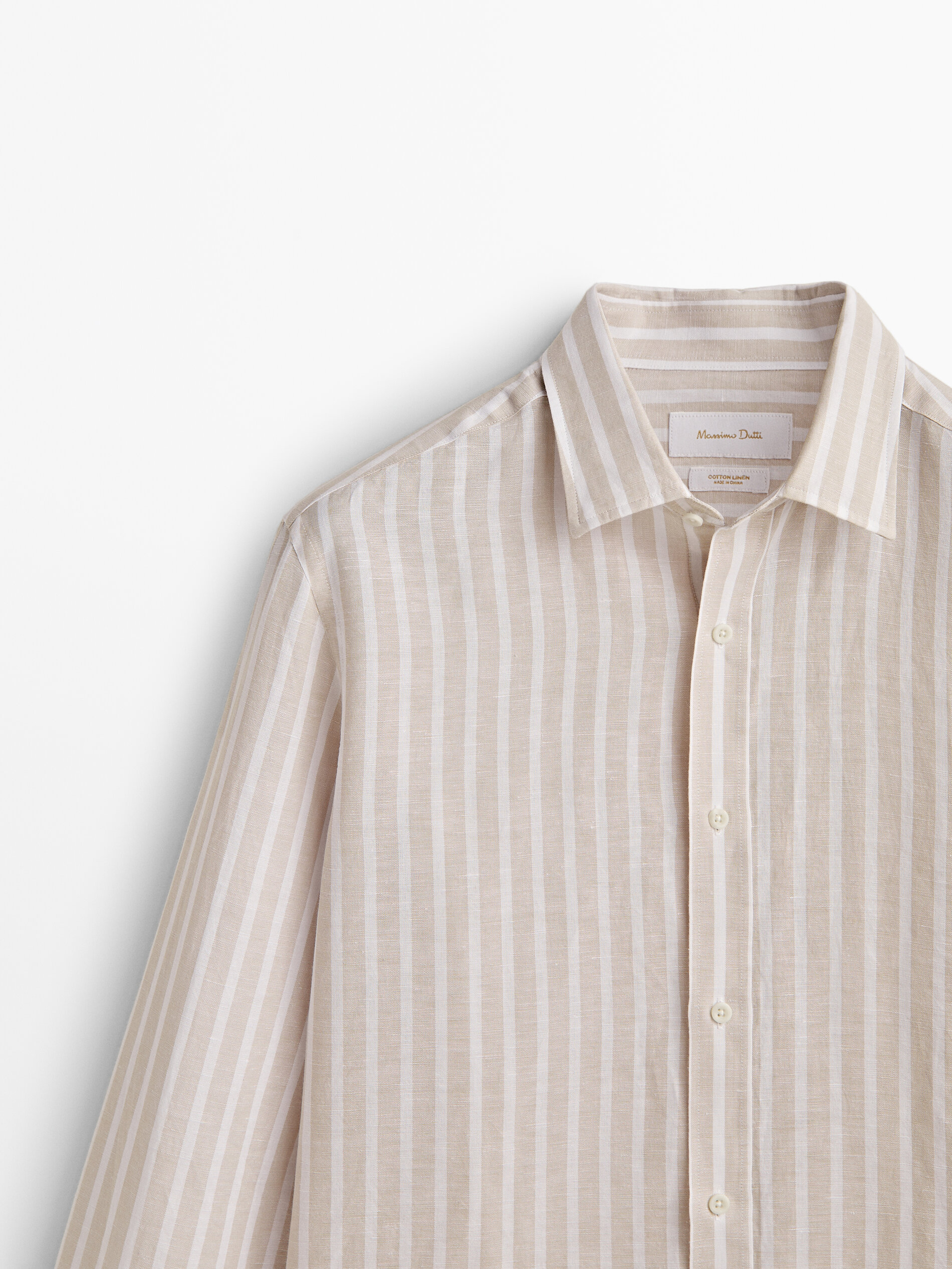 Camisa rayas con lino y algodón slim fit - BEIGE
