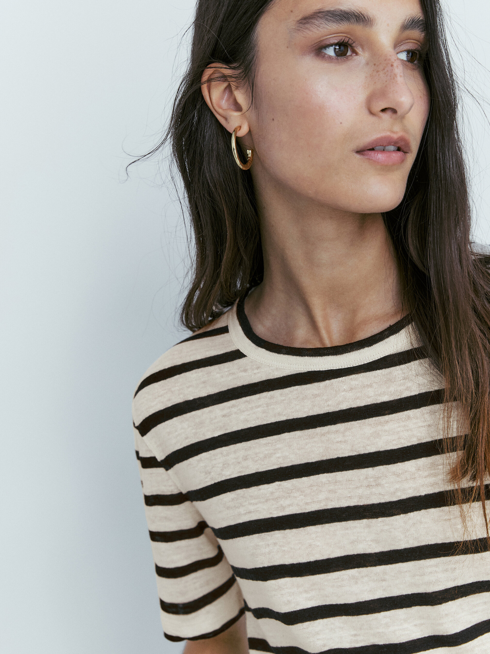 Camiseta rayas lino manga corta - CRUDO