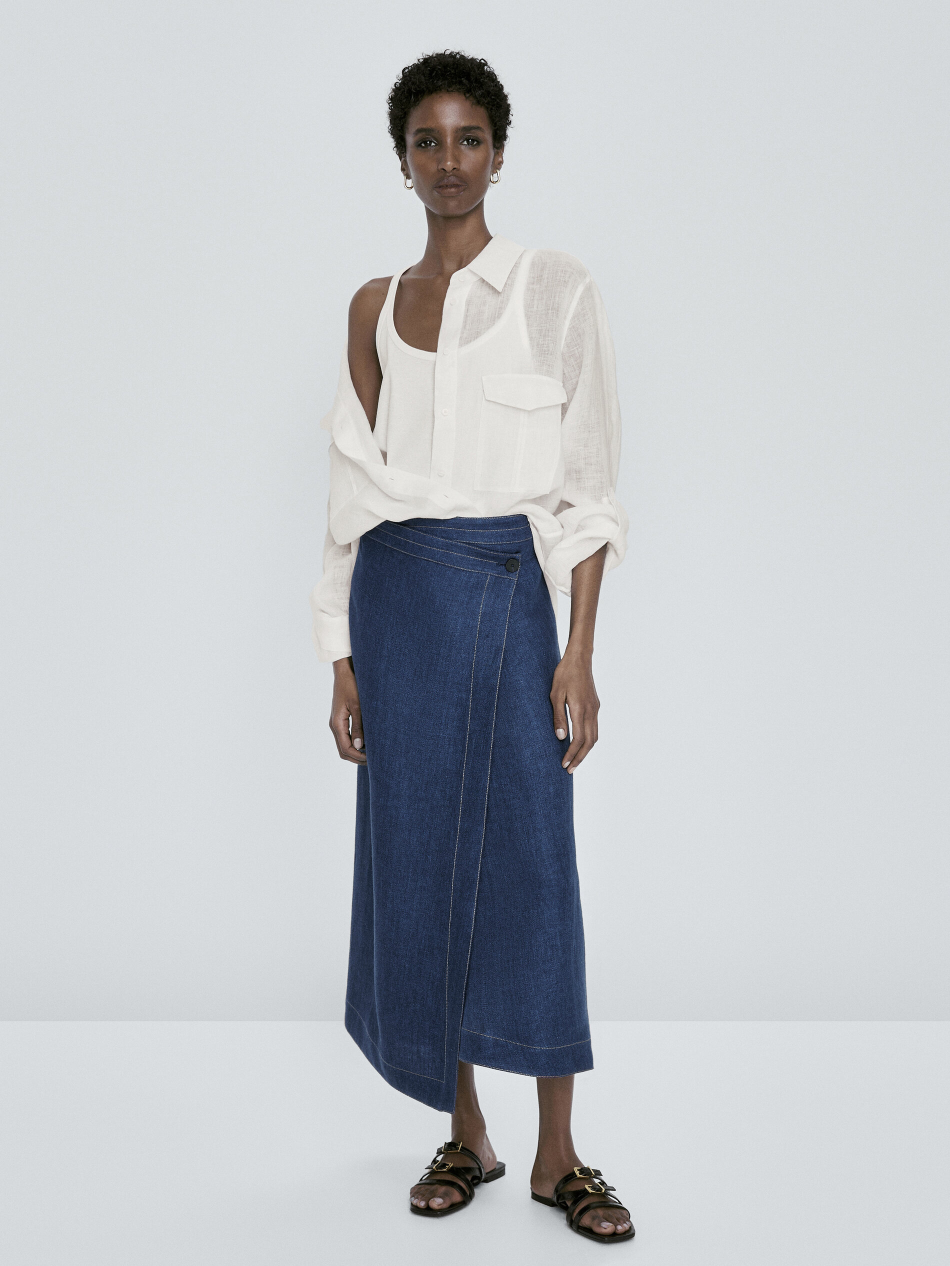 Falda cruzada lino pespuntes - AZUL MEDIO