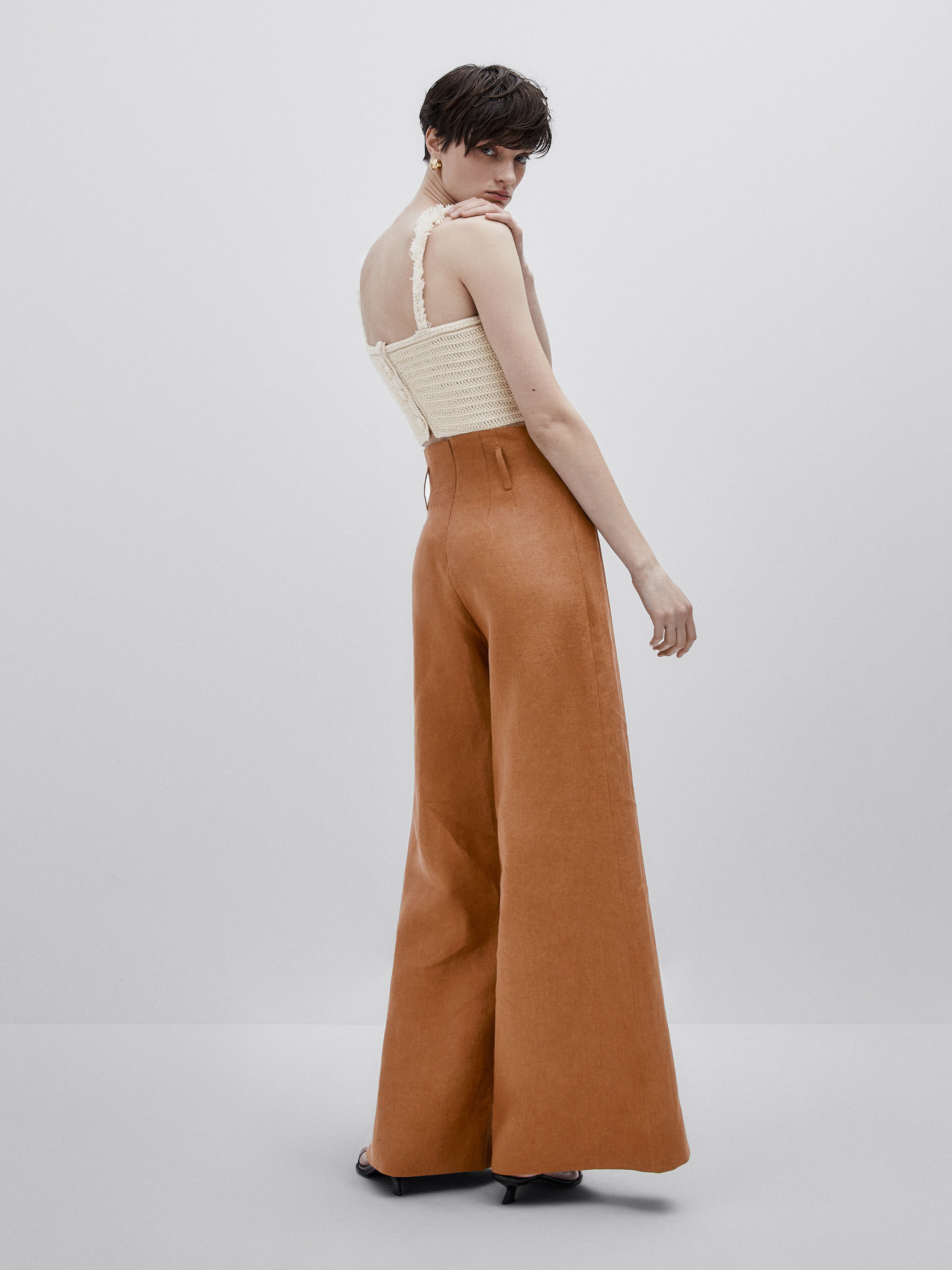 Pantalón lino paperbag -Studio - CAMEL