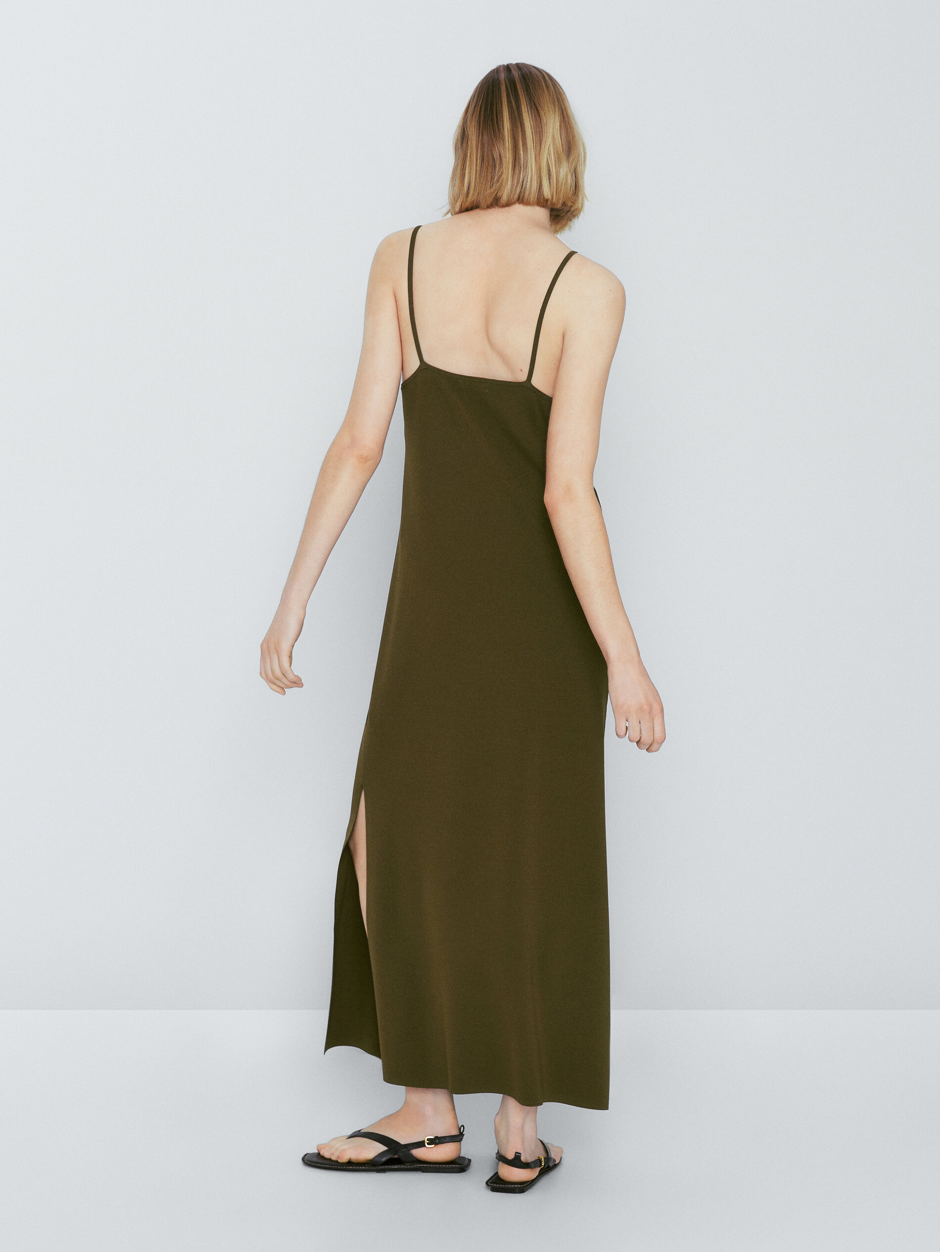 Vestido punto tirantes escote cuadrado - KAKI OSCURO