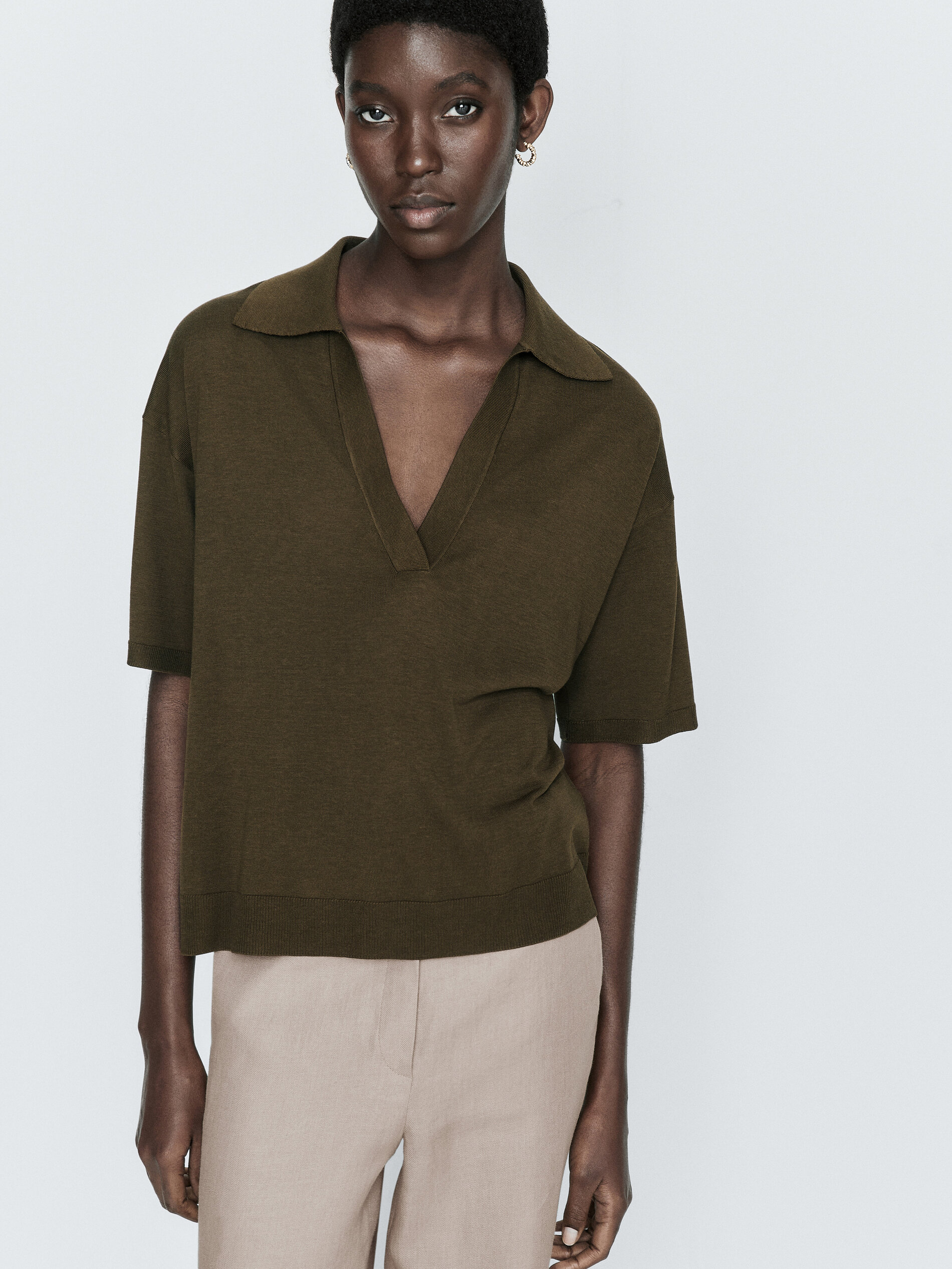 Jersey punto cuello polo - KAKI OSCURO