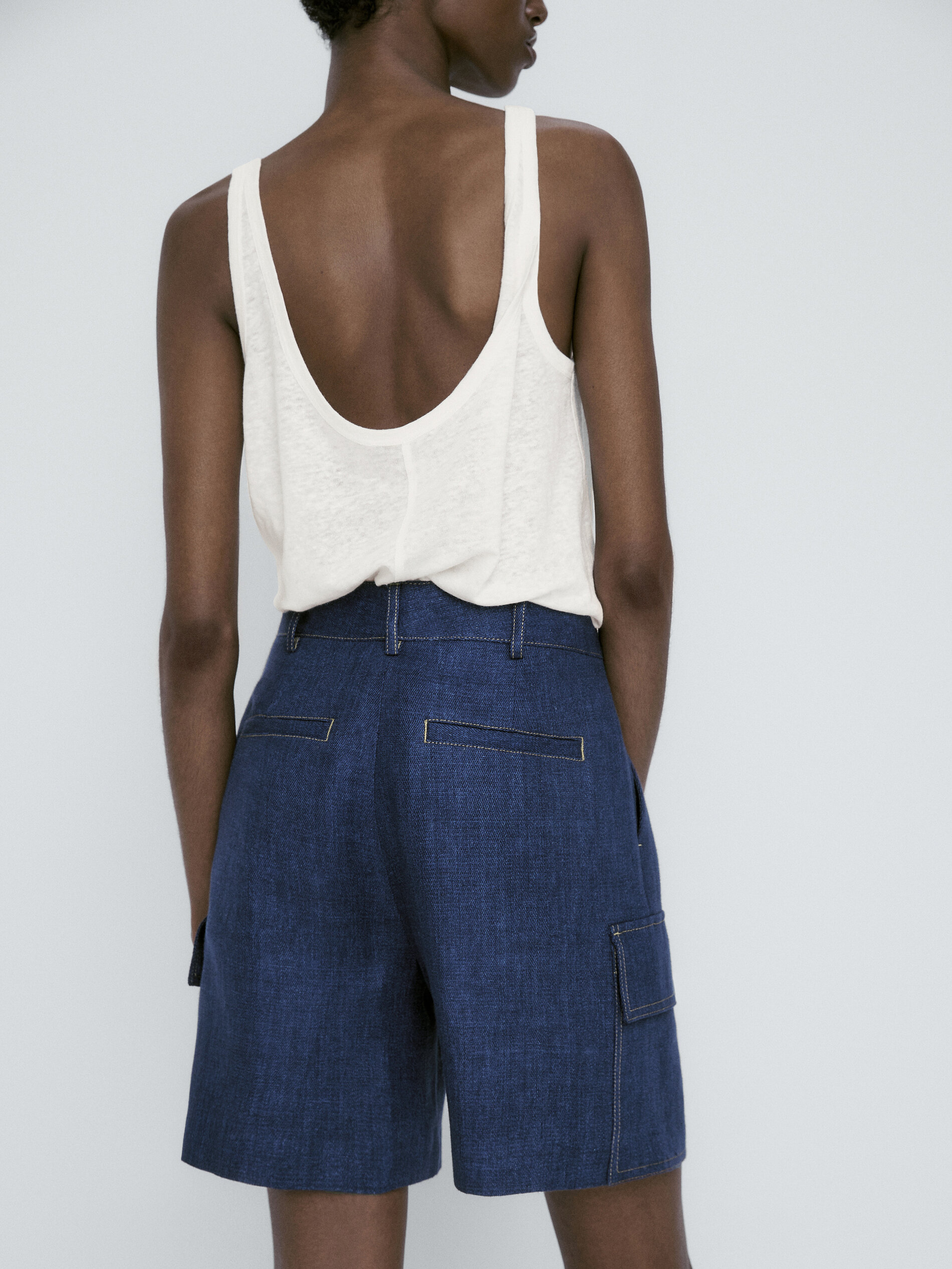 Bermuda cargo lino pespuntes - AZUL MARINO