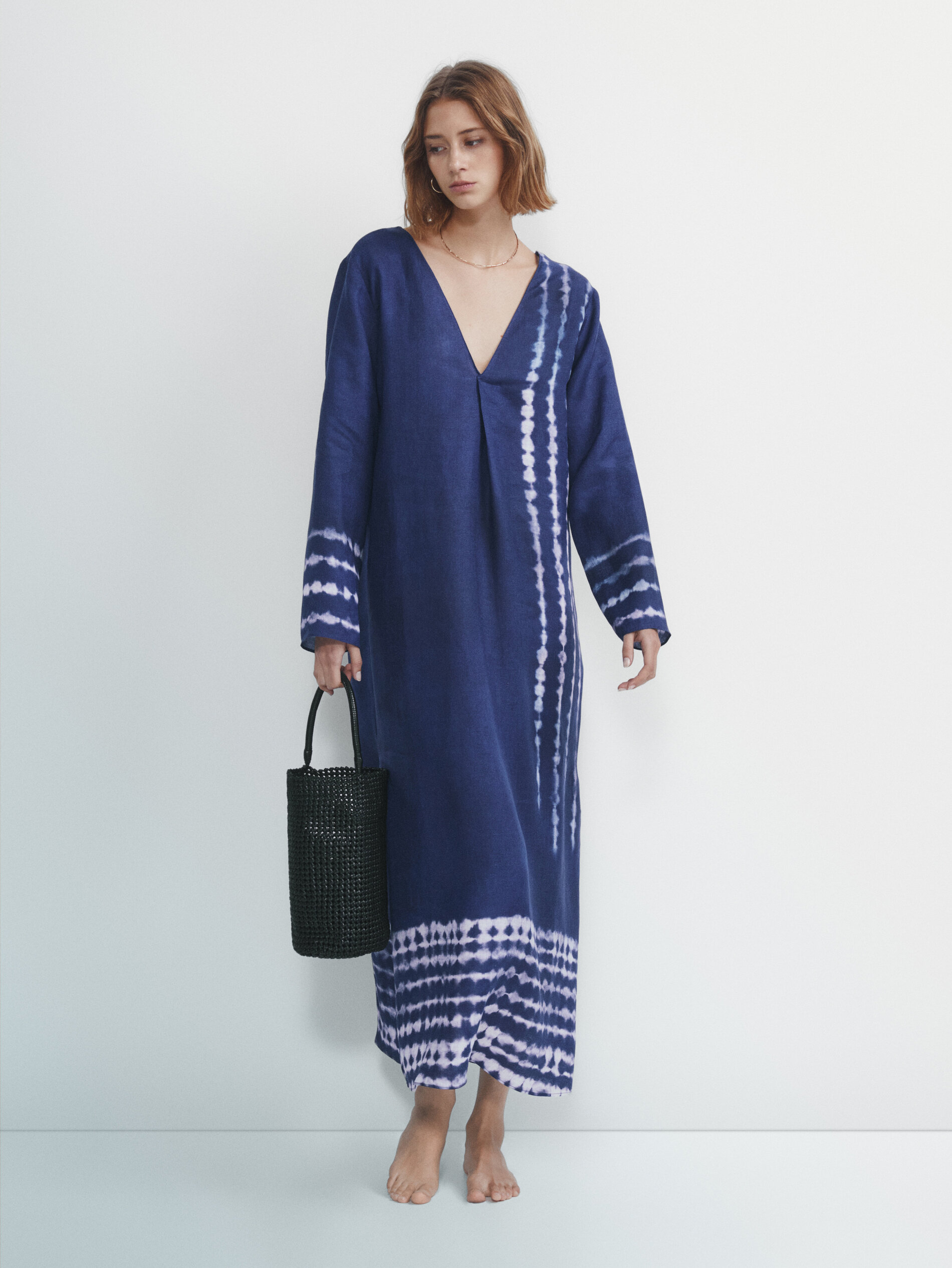 Kaftán 100% lino tie dye azul - Azul Claro