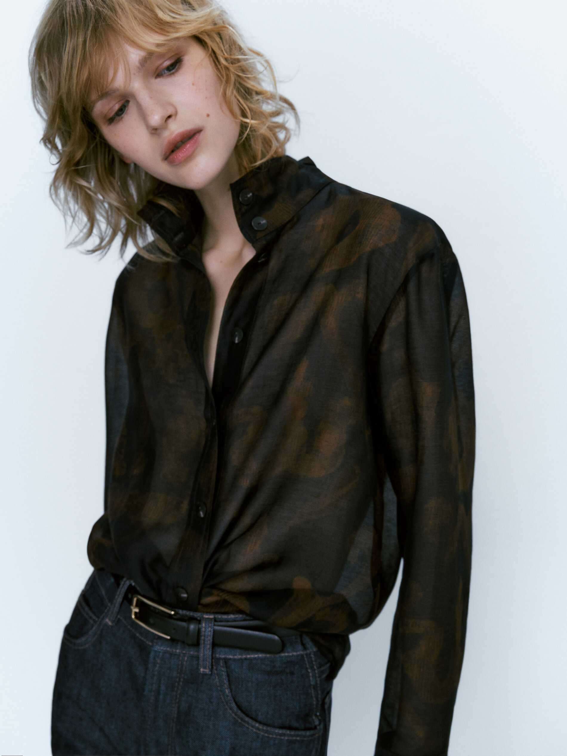 Camisa estampada mezcla algodón seda - AZULÓN