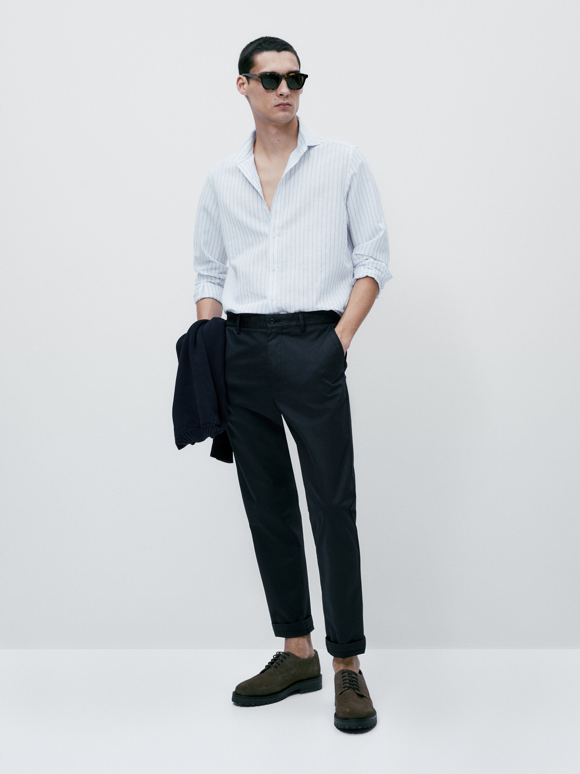 Camisa rayas con lino y algodón slim fit - CELESTE