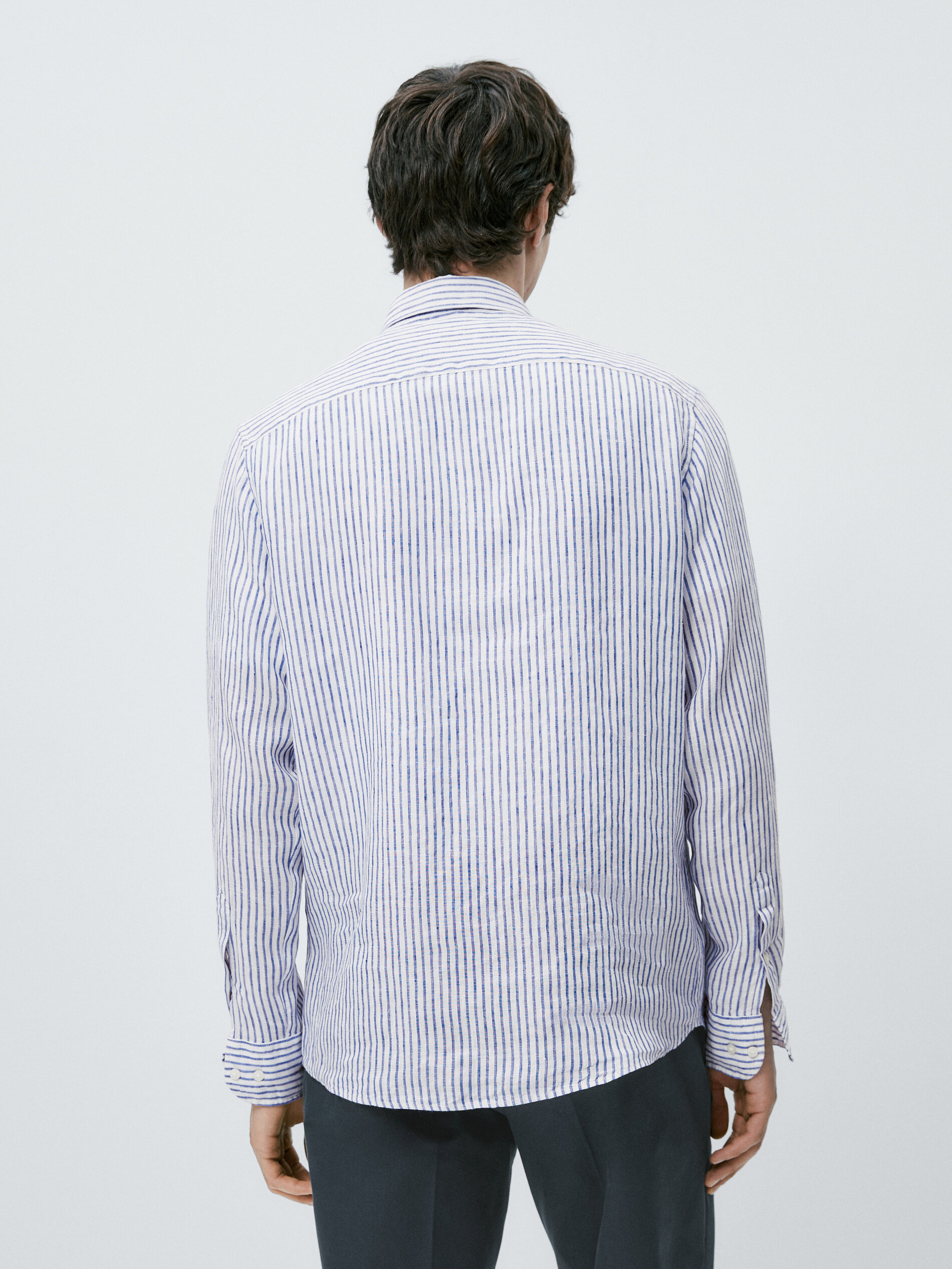 Camisa micro rayas lino regular fit - AZUL OSCURO