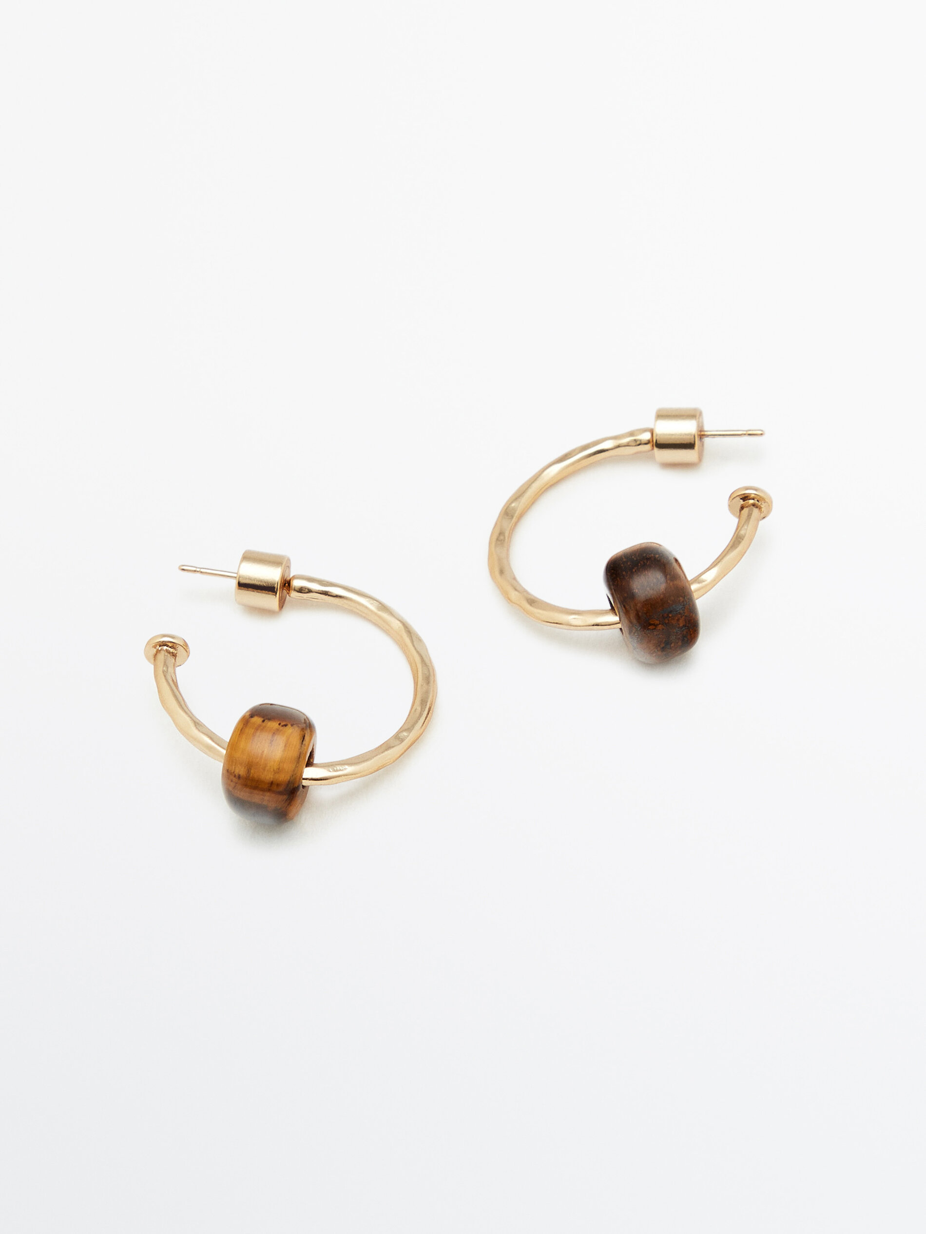 Pendientes aros textura piedra marrón baño oro - DORADO