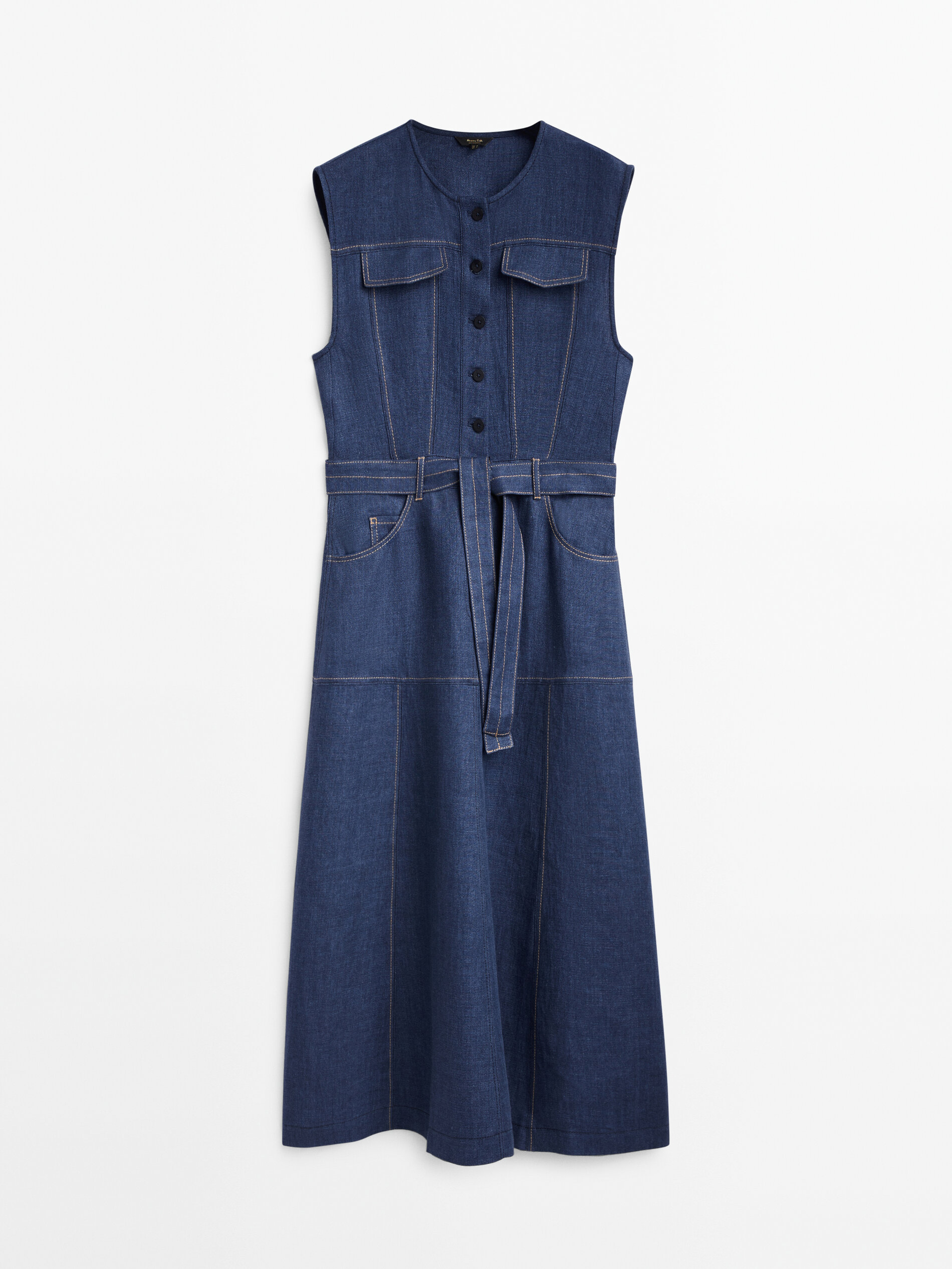 Vestido lino sin mangas pespuntes - AZUL MEDIO