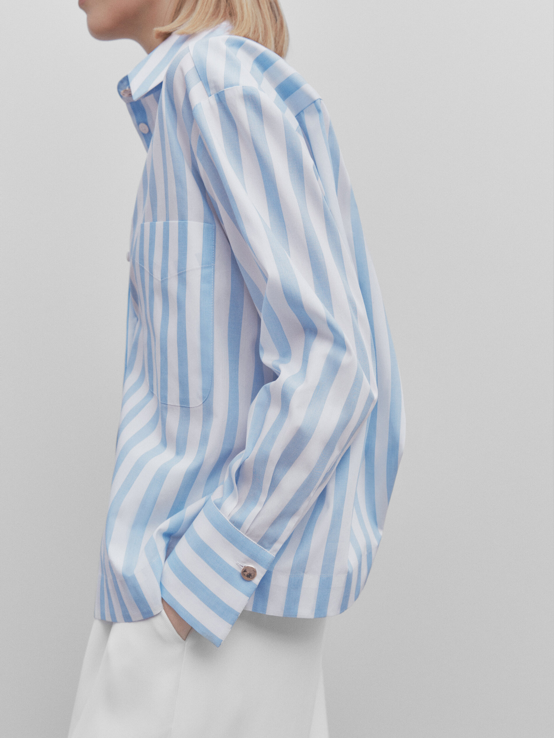 Camisa rayas popelín bolsillo -Studio - CELESTE