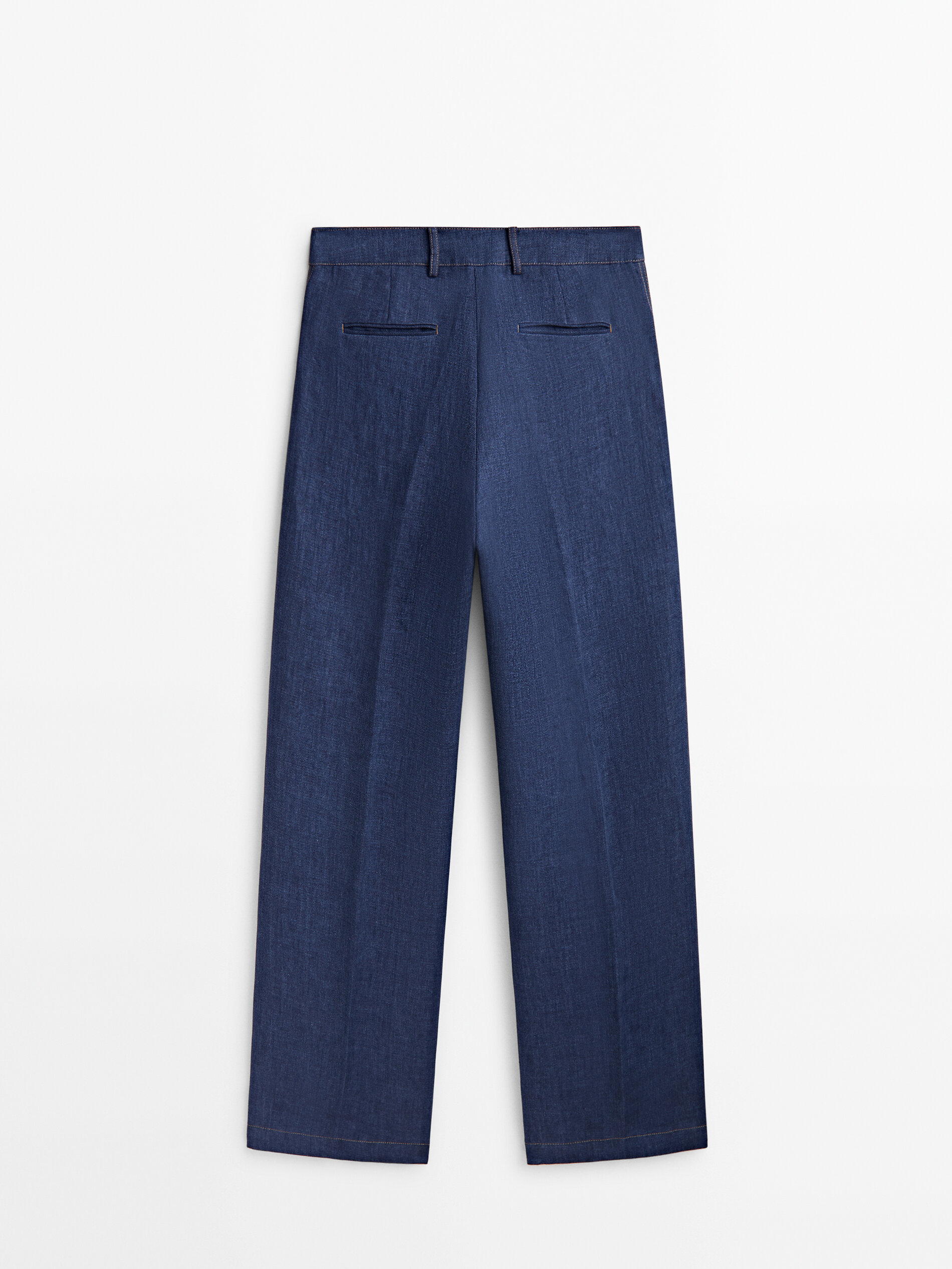 Pantalón traje ancho lino pespuntes - AZUL MARINO