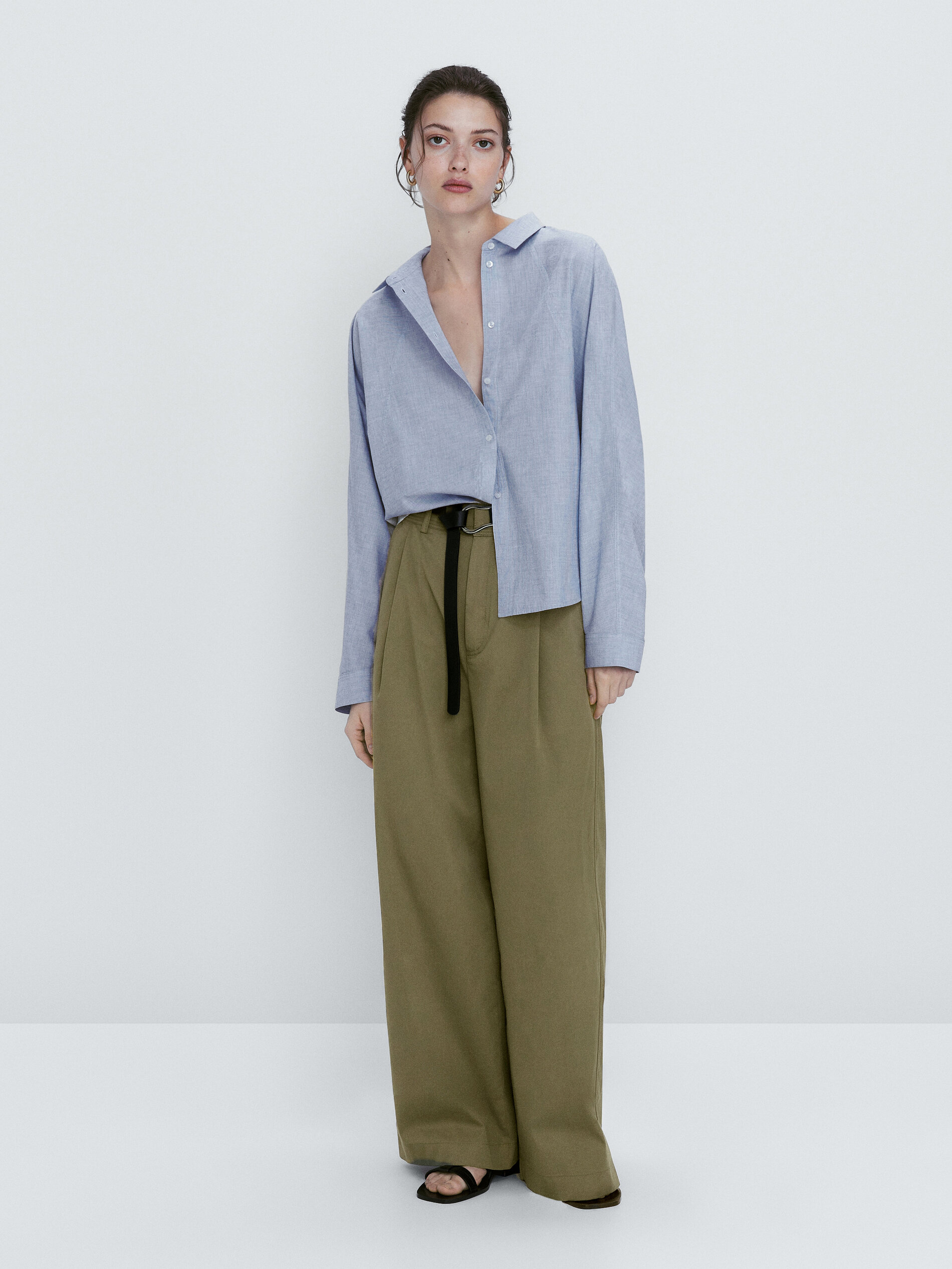 Pantalón ancho pinzas mezcla algodón - KAKI