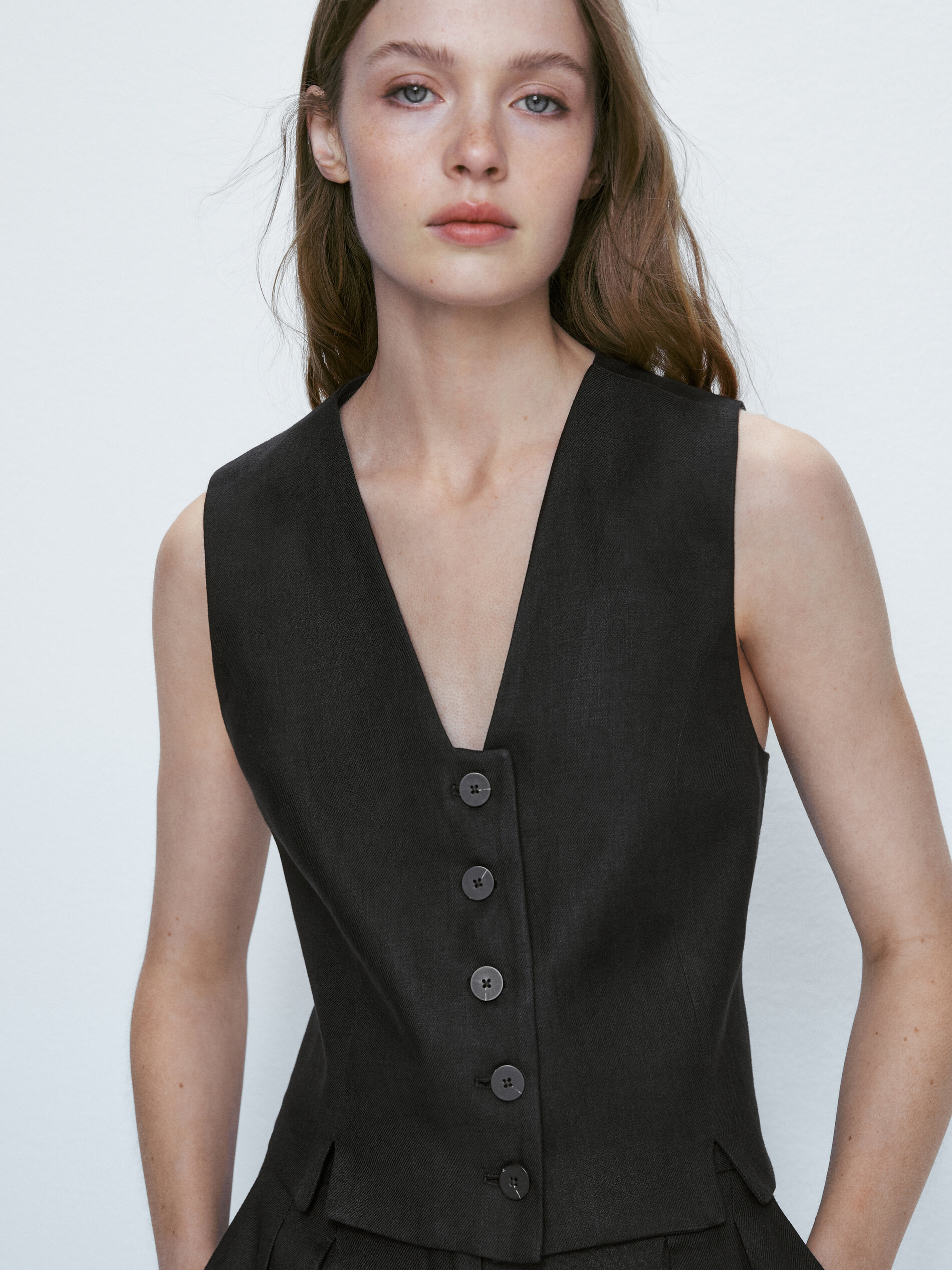 Chaleco corto traje 100% lino - NEGRO