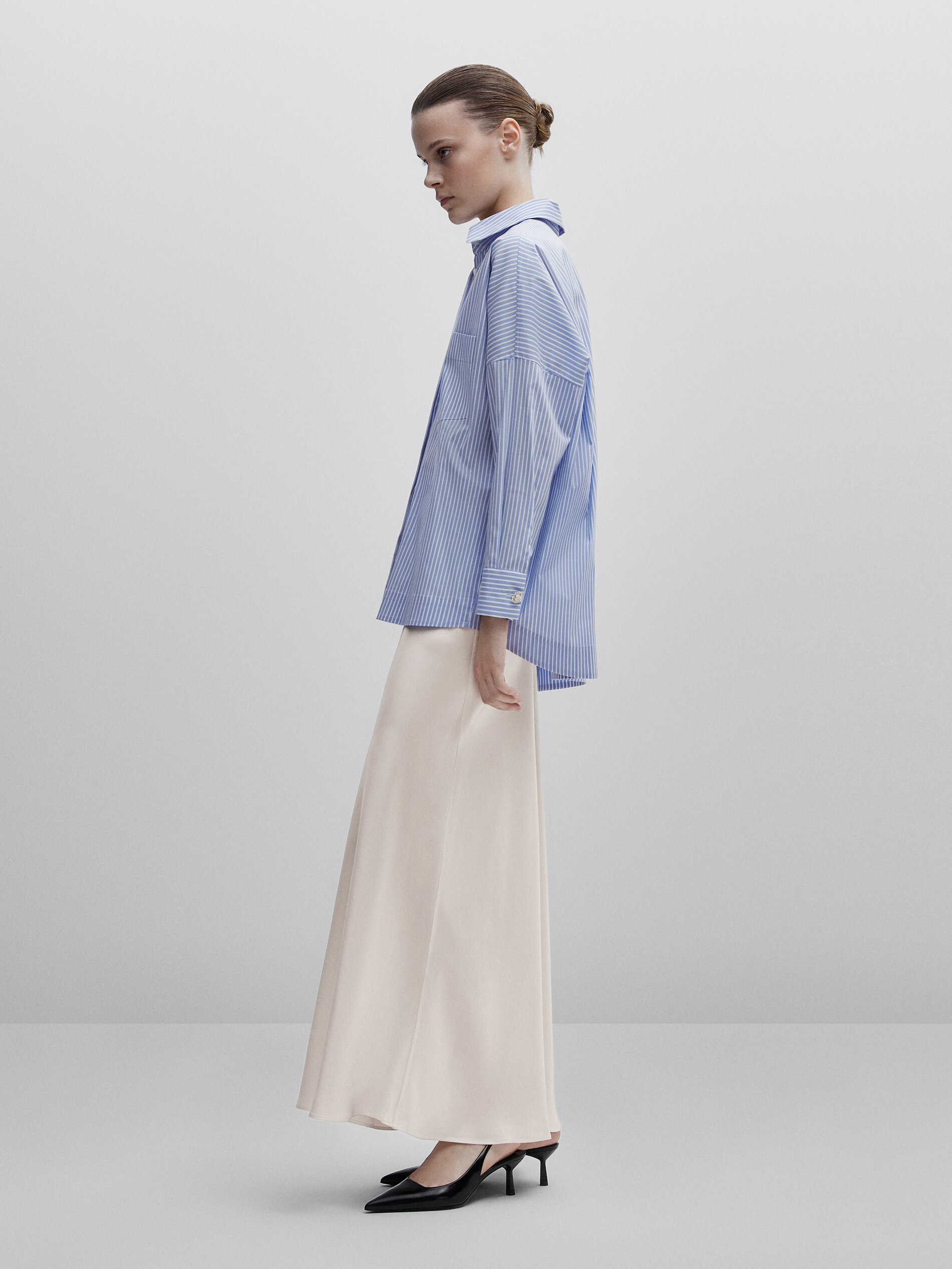 Camisa rayas popelín botón joya -Studio - AZUL