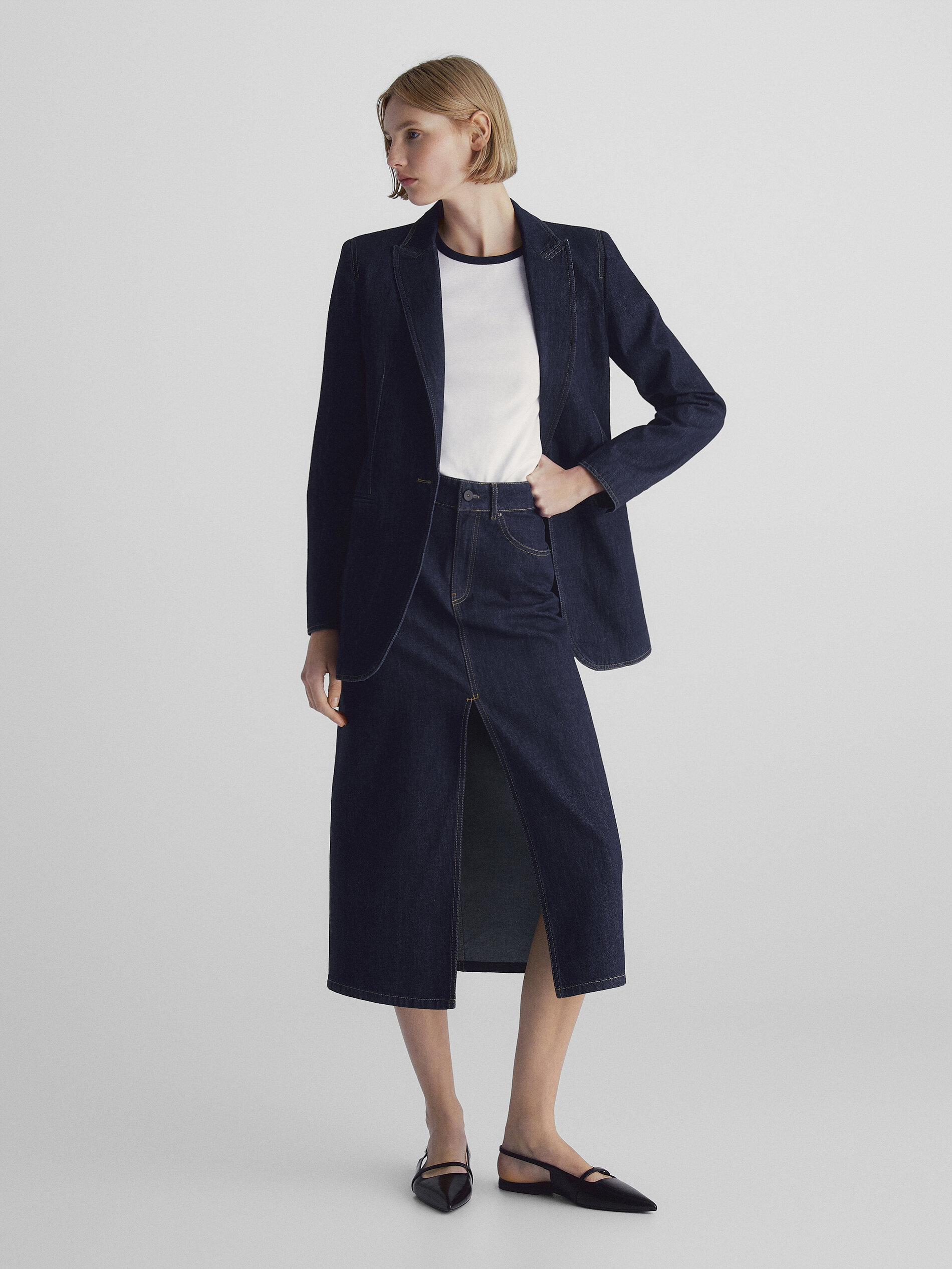 Americana denim un botón - AZUL MEDIO