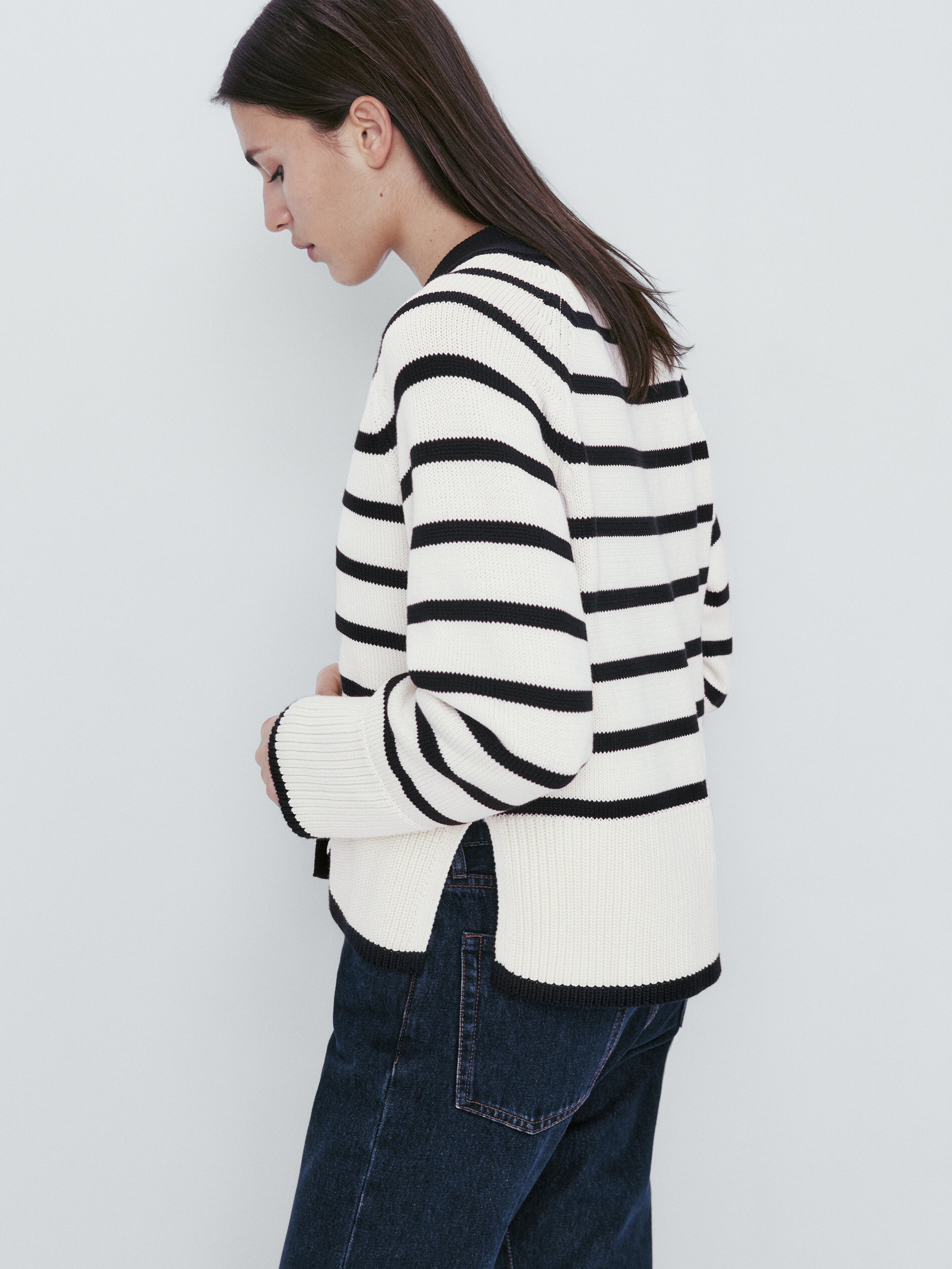 Cárdigan punto rayas cuello pico - CRUDO
