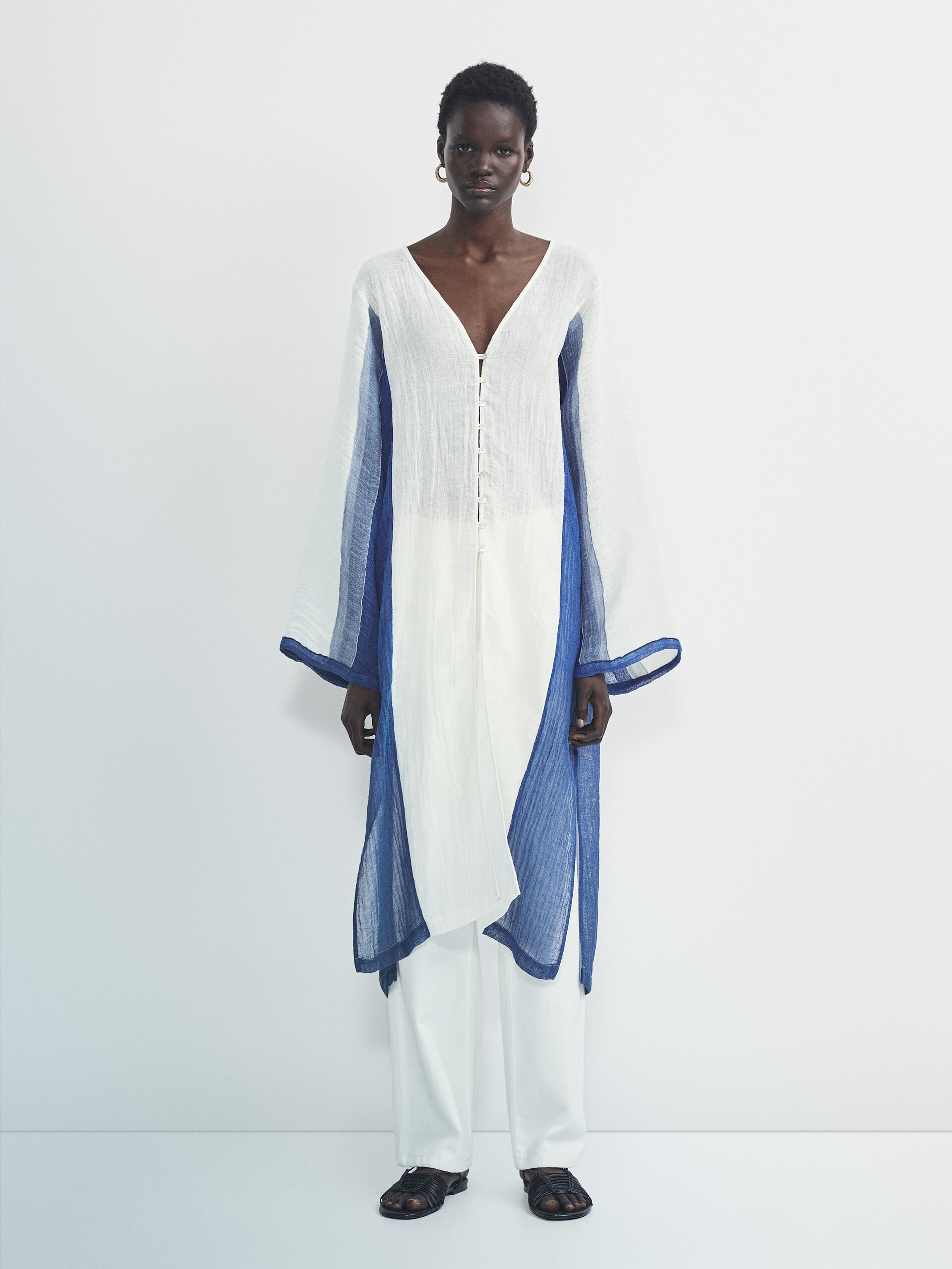 Maxi blusón mezcla lino gofrado combinado - BLANCO