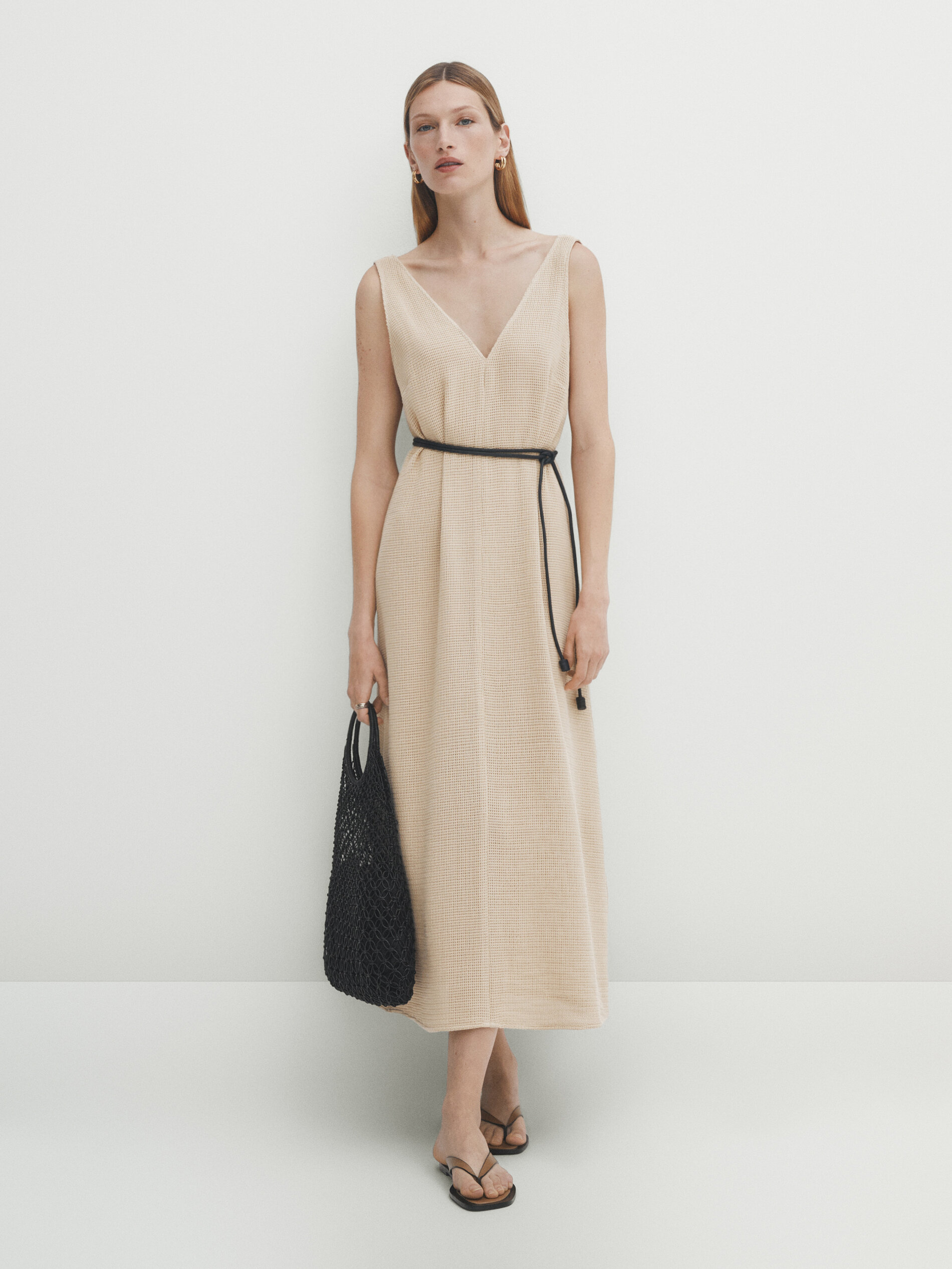 Vestido midi estructura rústica - BEIGE