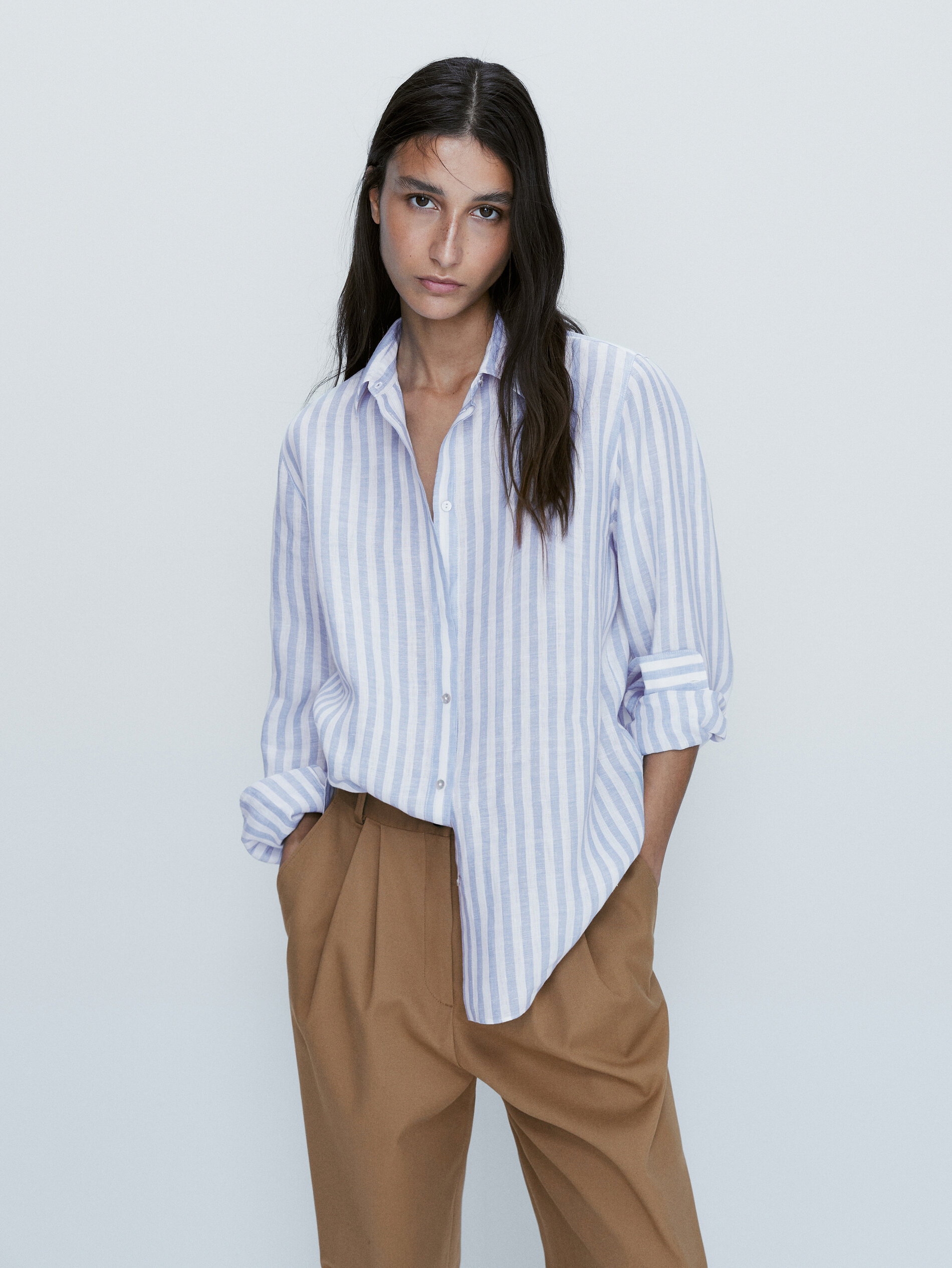 Camisa rayas 100% lino - CELESTE