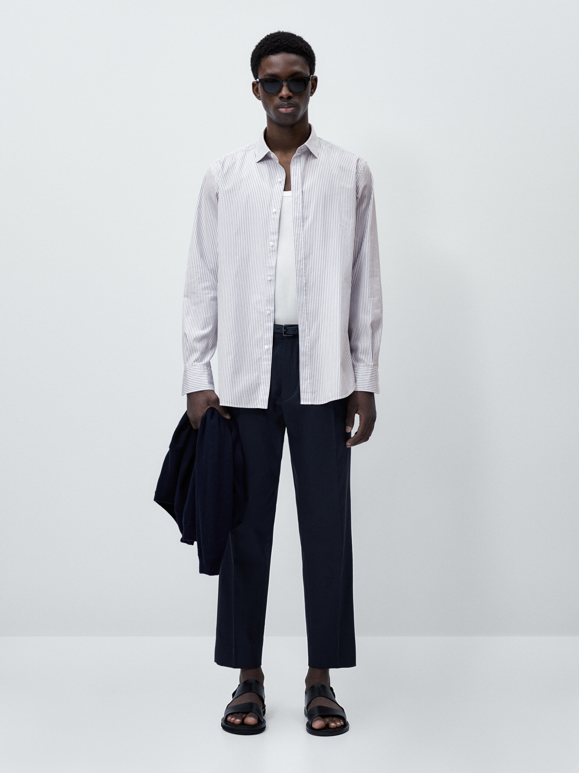 Camisa popelín algodón micro rayas slim fit - AZUL MARINO