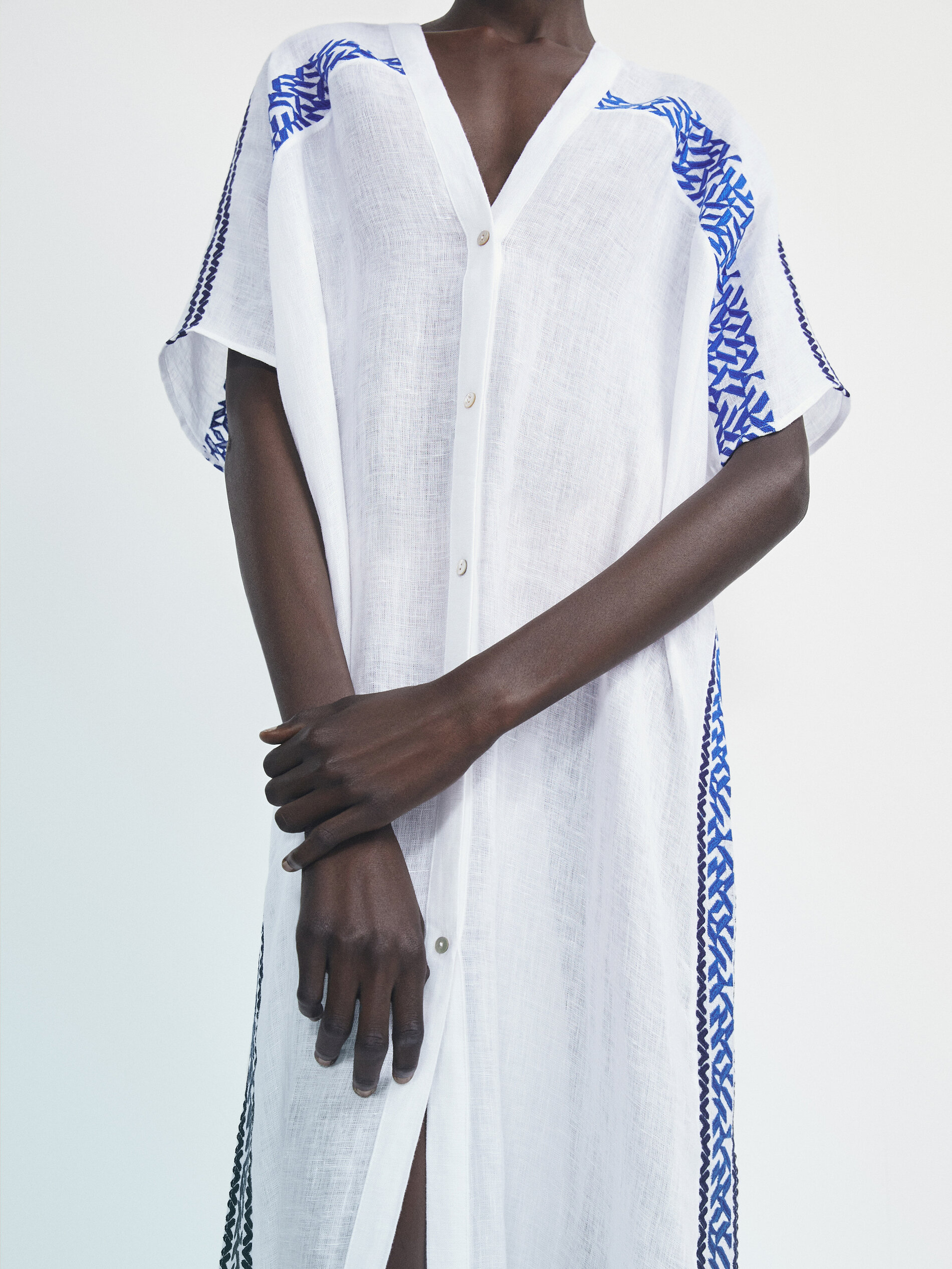 Maxi blusón camisero lino bordados - BLANCO