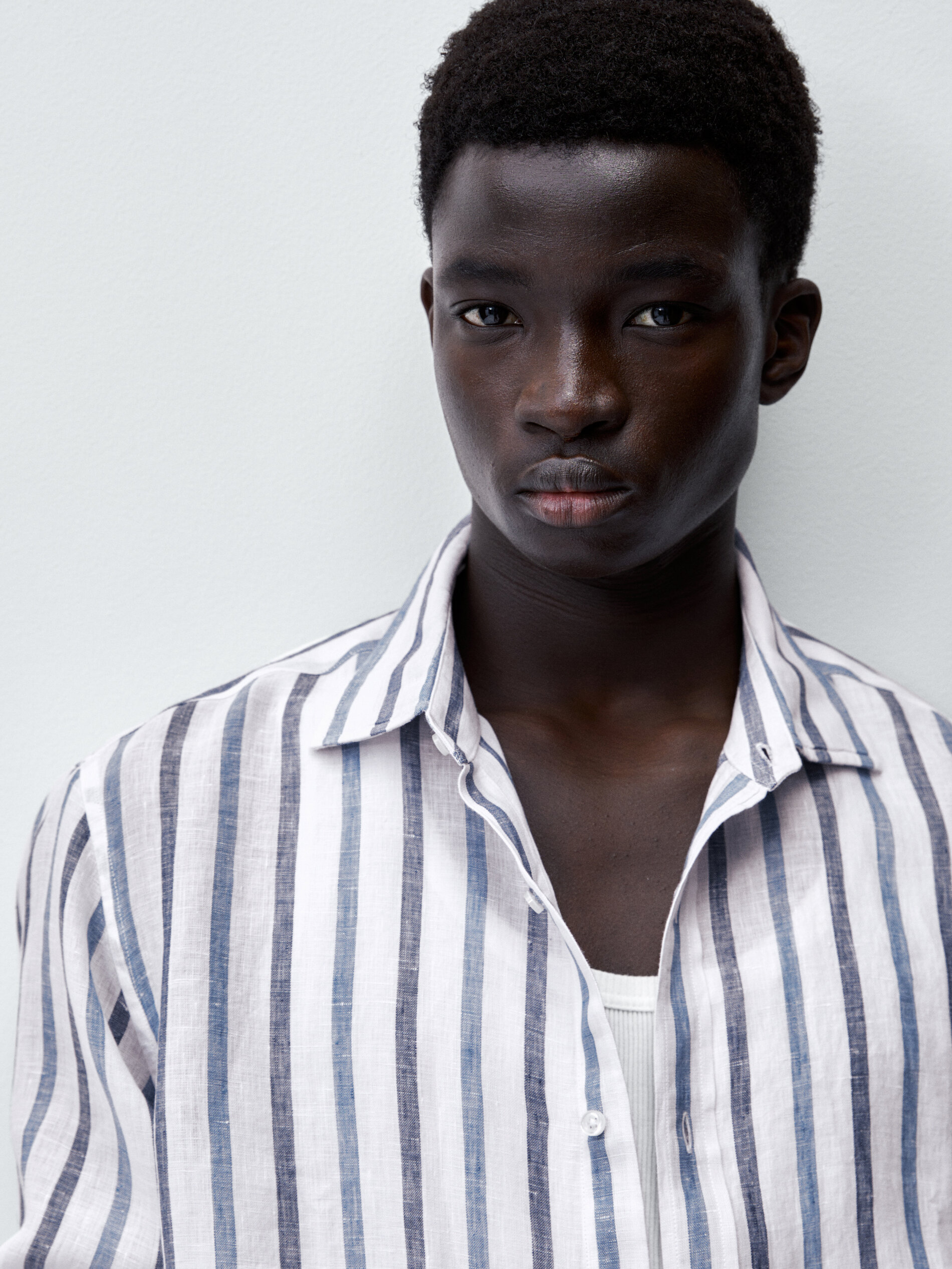 Camisa rayas doble tono lino slim fit - Azul Claro