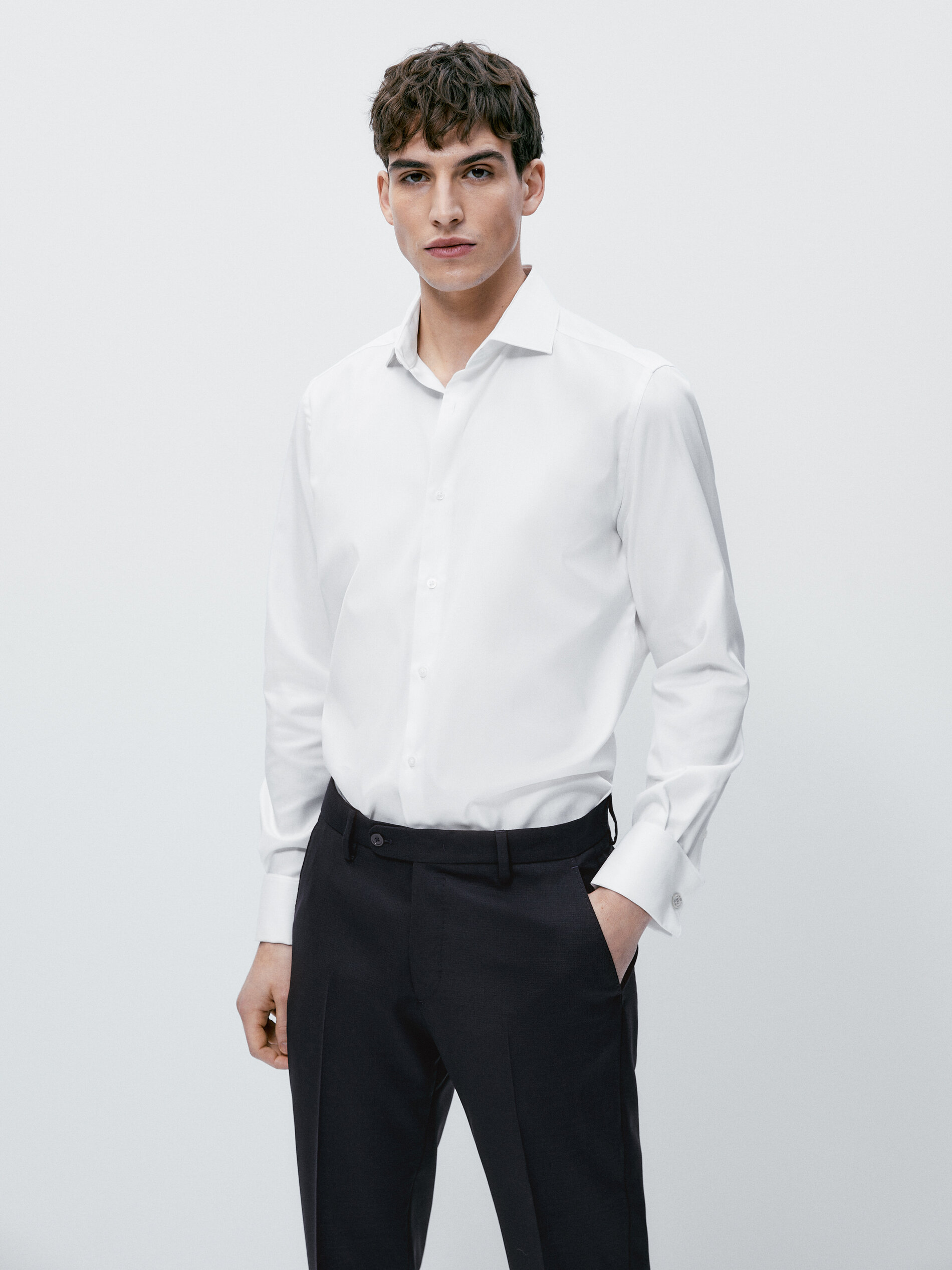 Camisa espiga regular fit doble puño - BLANCO