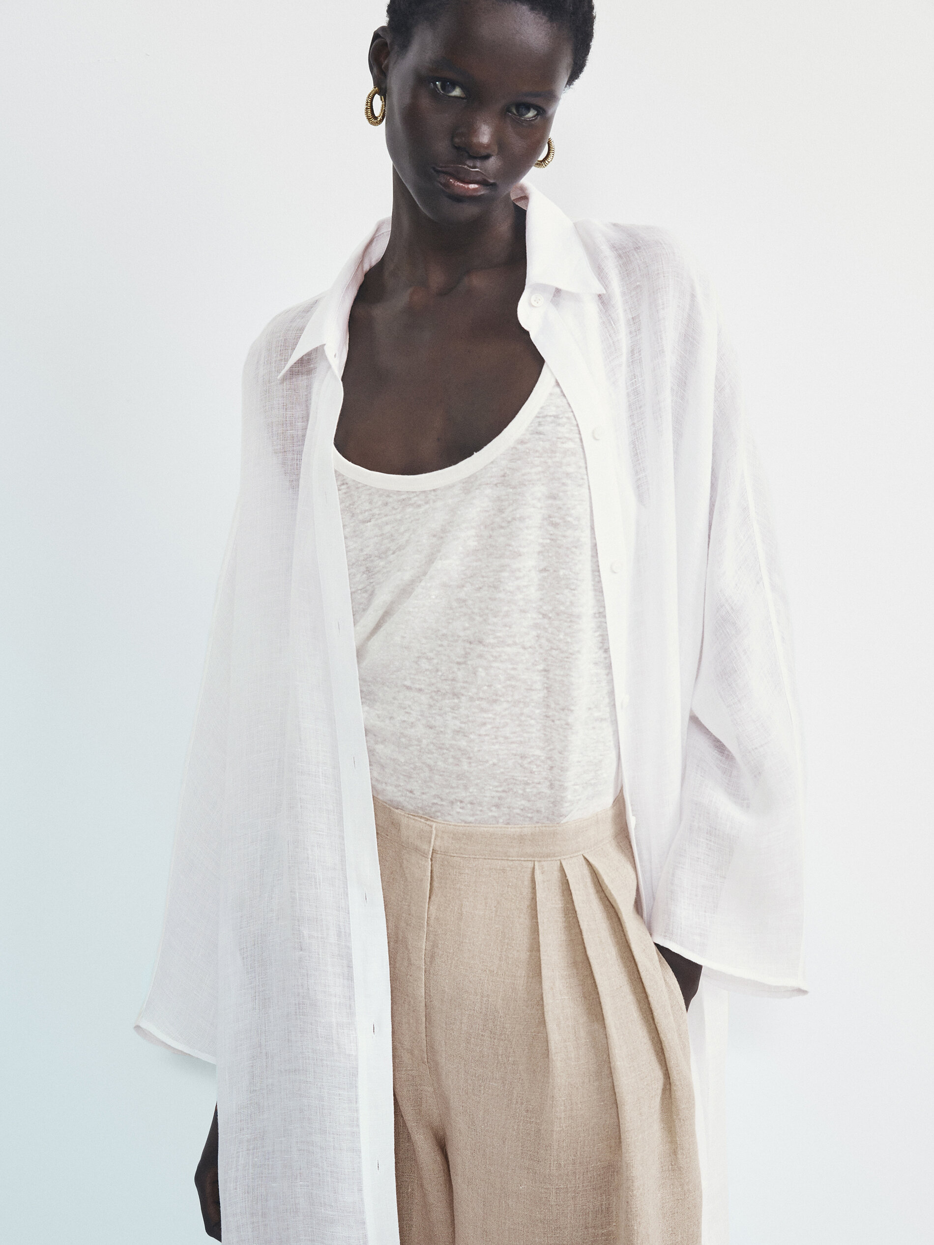 Maxi blusón camisero 100% lino - BLANCO