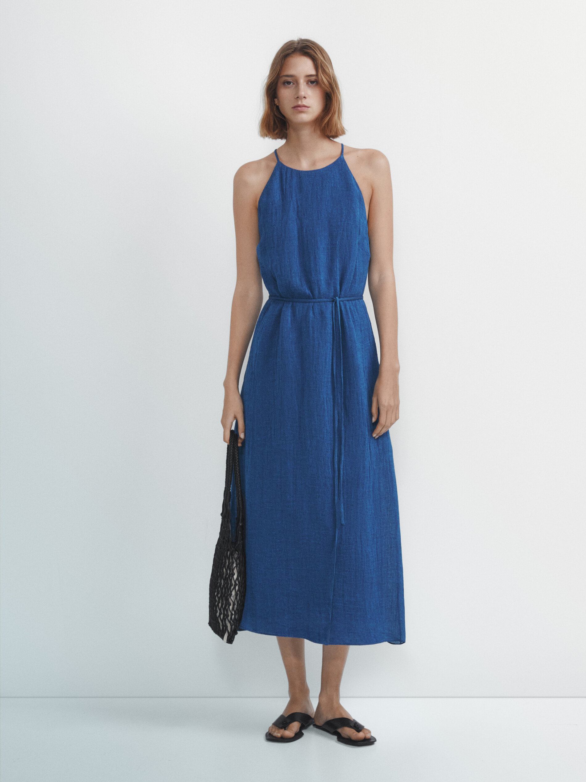 Vestido halter mezcla lino gofrado - AZUL