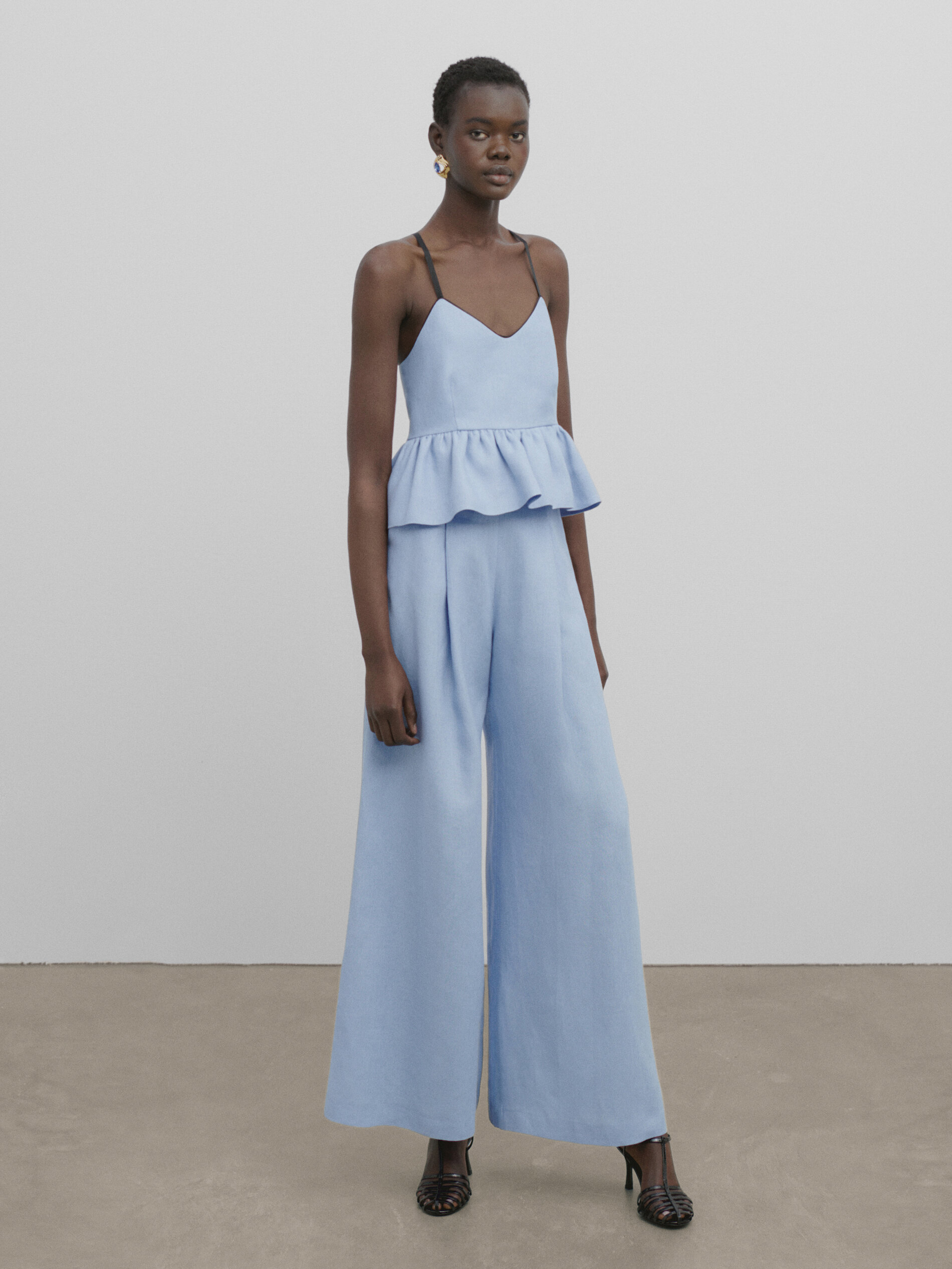 Pantalón lino ancho pinzas -Studio - CELESTE