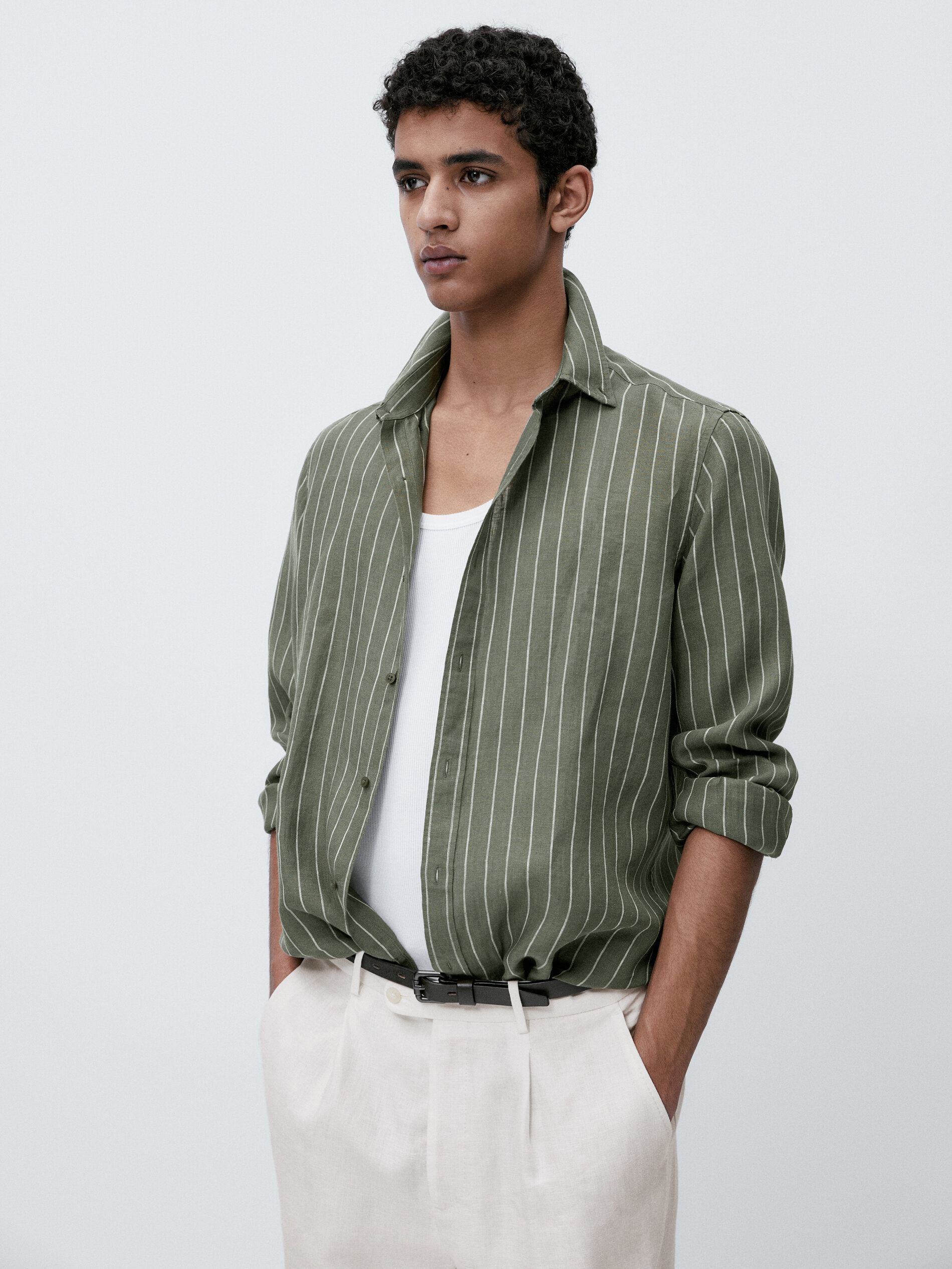 Camisa rayas 100% lino slim fit - VERDE