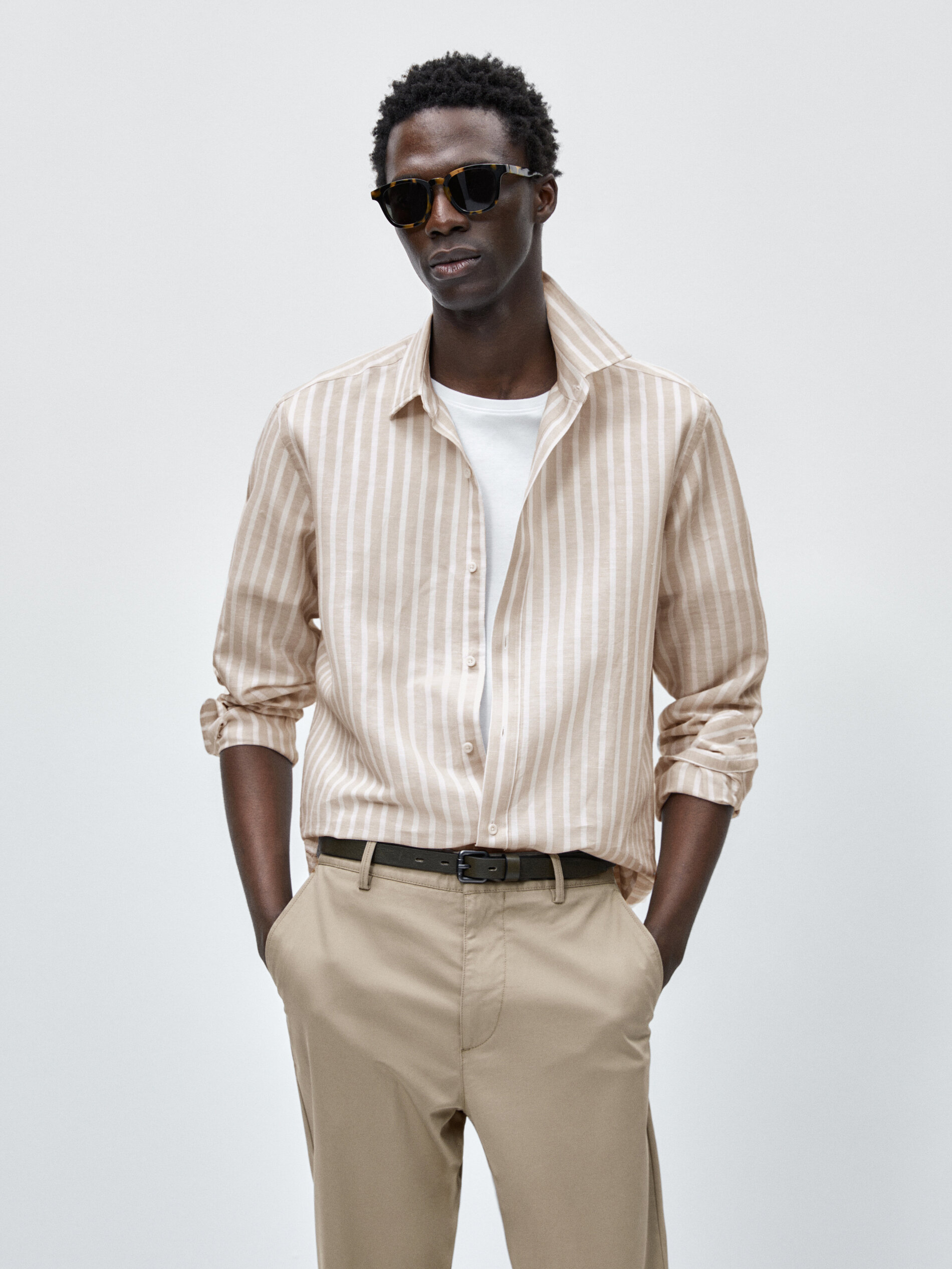 Camisa rayas con lino y algodón slim fit - BEIGE