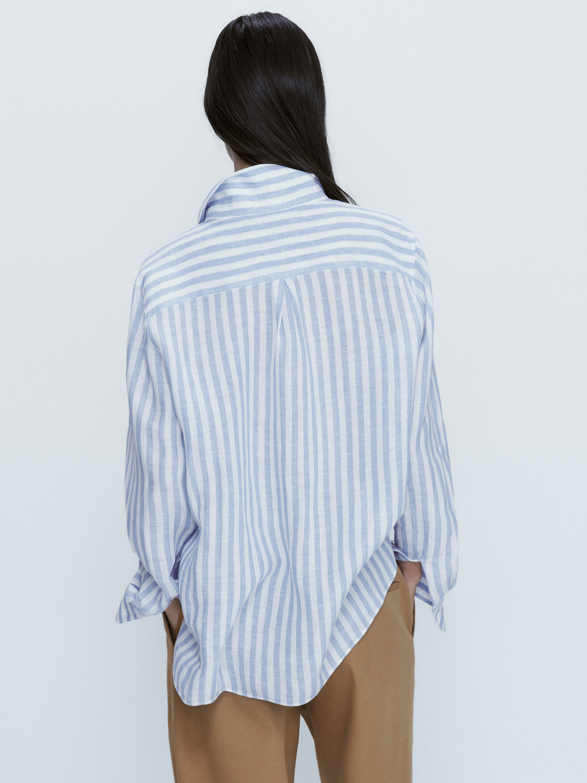 Camisa rayas 100% lino - CELESTE