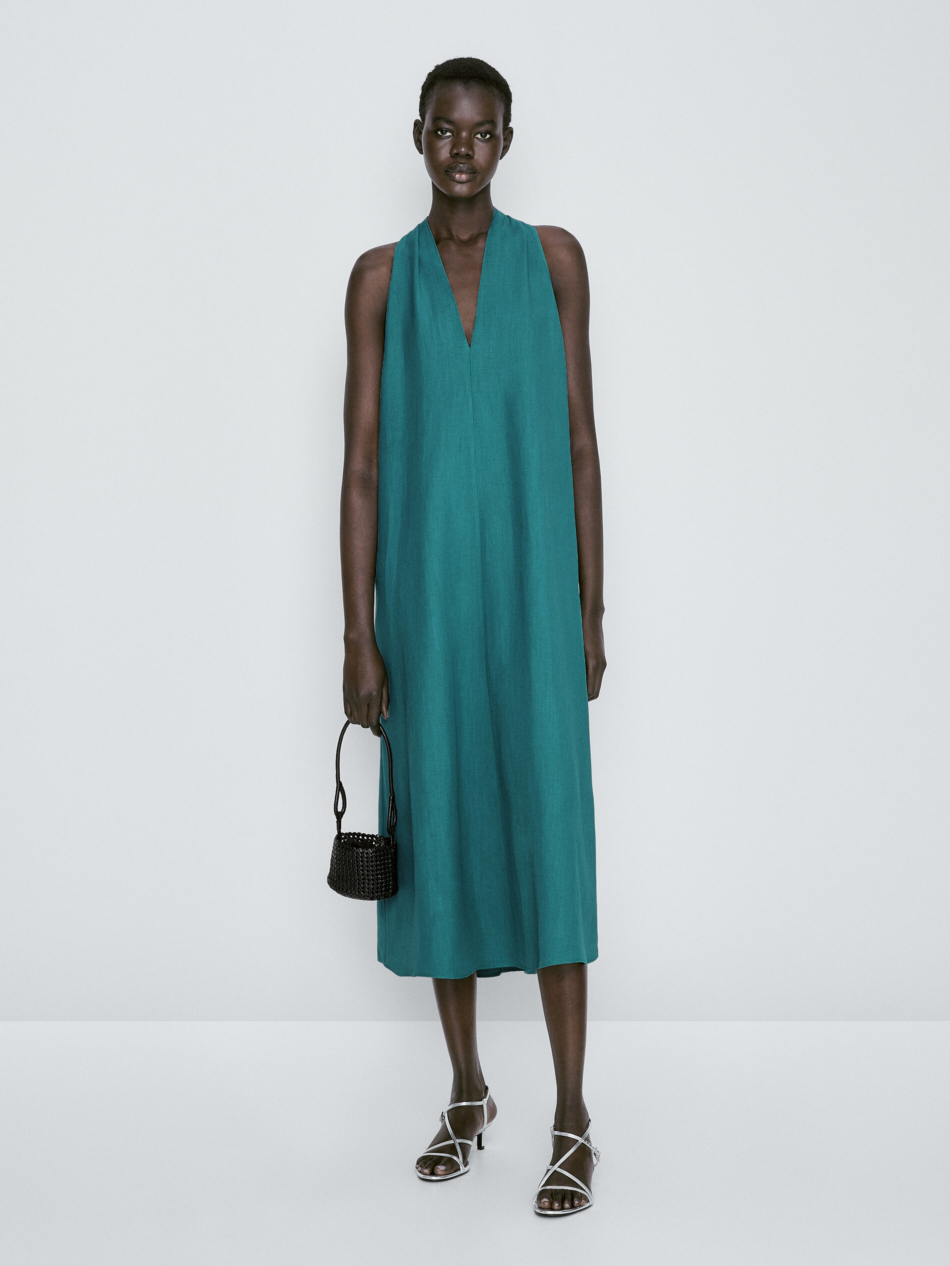 Vestido midi detalle espalda cruzada - VERD-TURQ