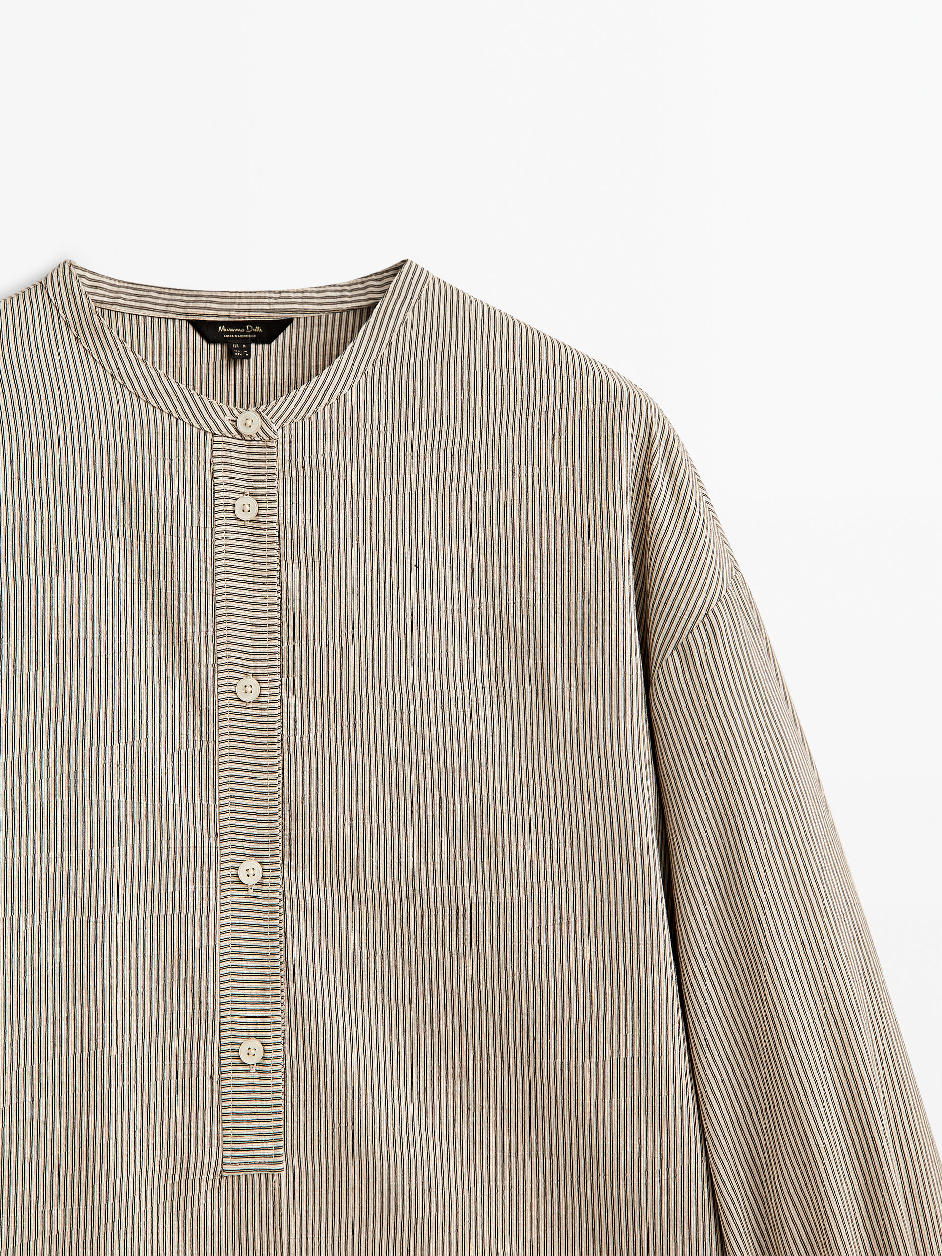 Camisa rayas manga volumen cuello mao - MARRÓN