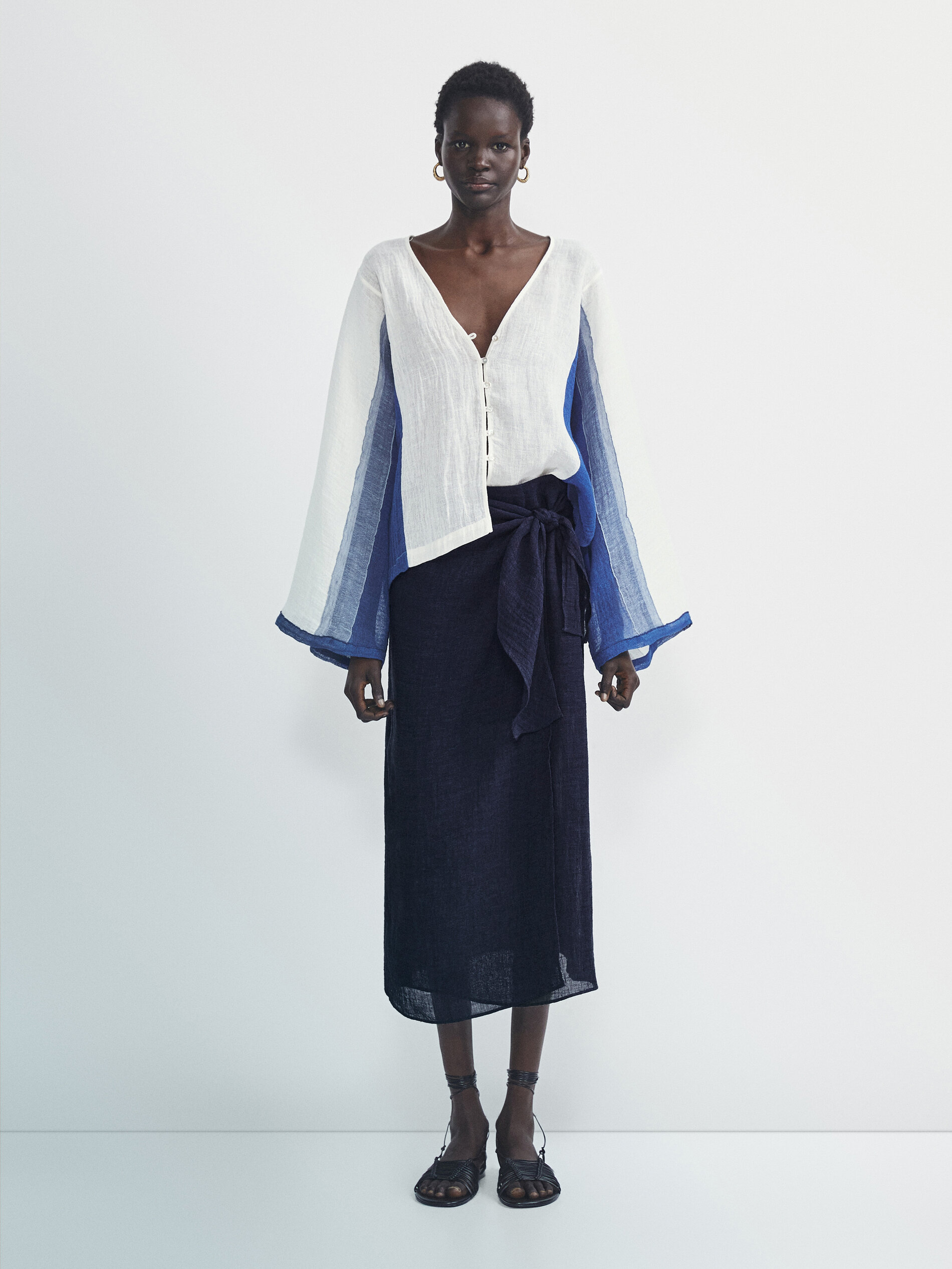 Camisa mezcla lino gofrado combinado - BLANCO